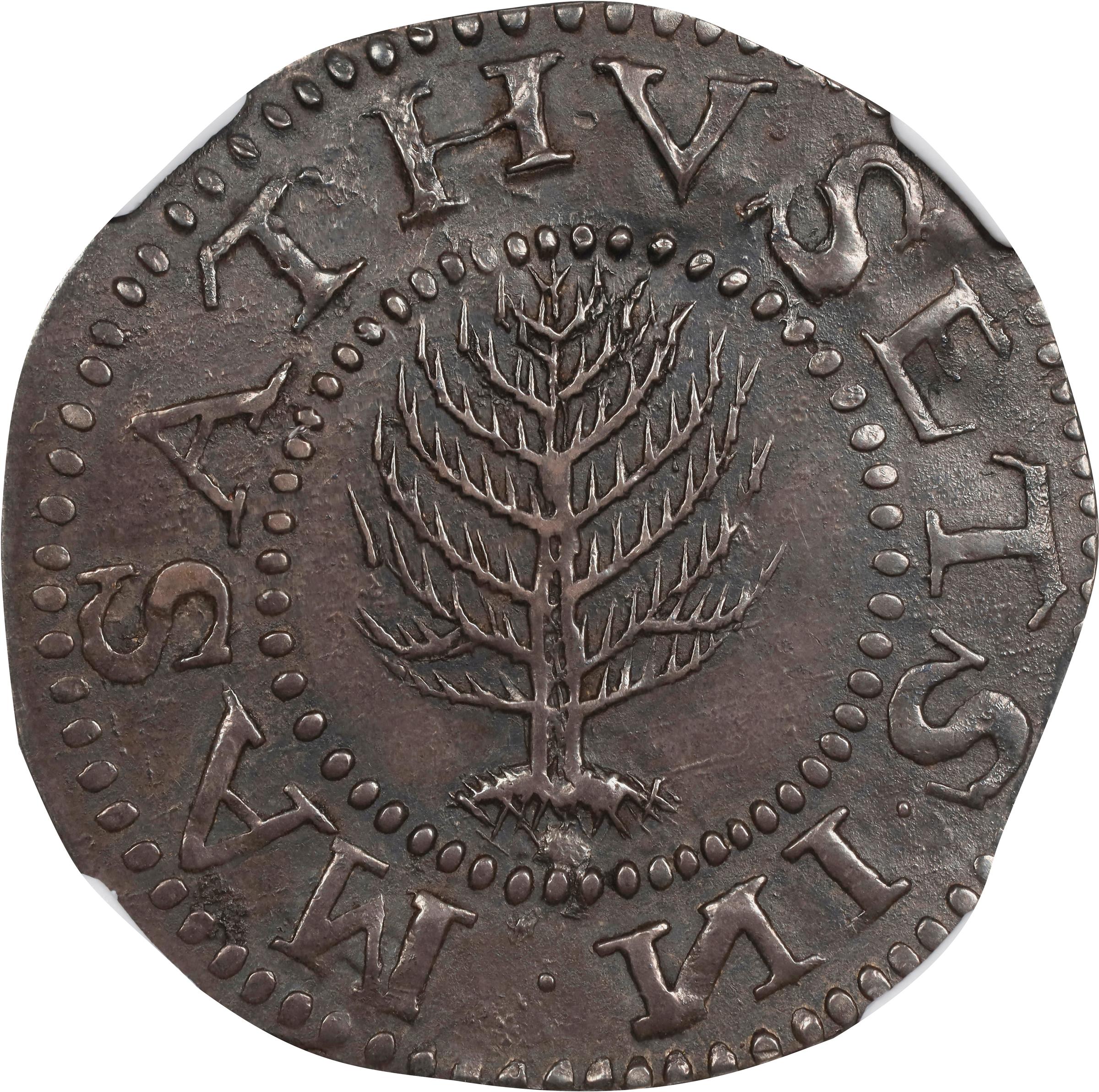 image for: 1652 Pine Tree Shilling. Large Planchet. Noe-8, Salmon 7-E, W-740. Rarity-4. Without Pellets at Trunk, Ligatured NE in Legend. MS-63 (NGC).