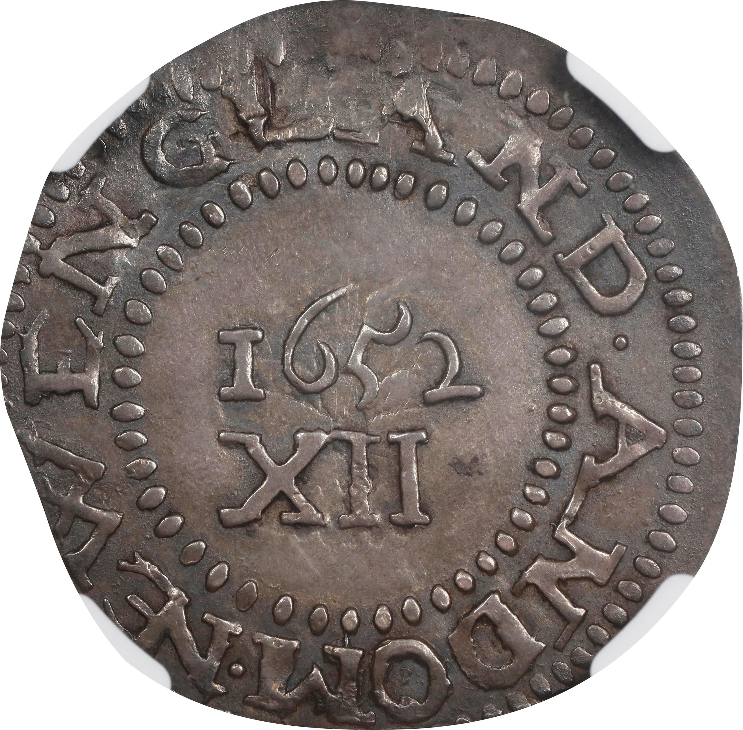 image for: 1652 Pine Tree Shilling. Large Planchet. Noe-8, Salmon 7-E, W-740. Rarity-4. Without Pellets at Trunk, Ligatured NE in Legend. MS-63 (NGC).