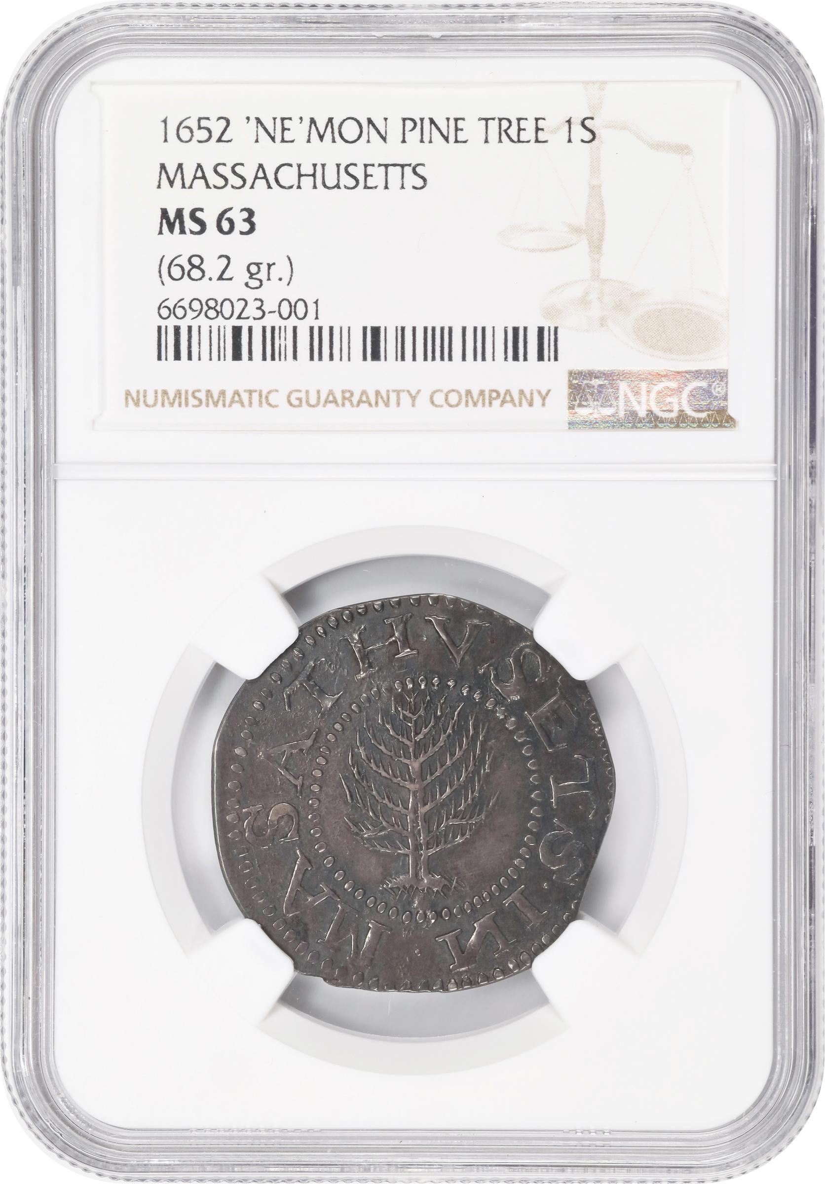 image for: 1652 Pine Tree Shilling. Large Planchet. Noe-8, Salmon 7-E, W-740. Rarity-4. Without Pellets at Trunk, Ligatured NE in Legend. MS-63 (NGC).