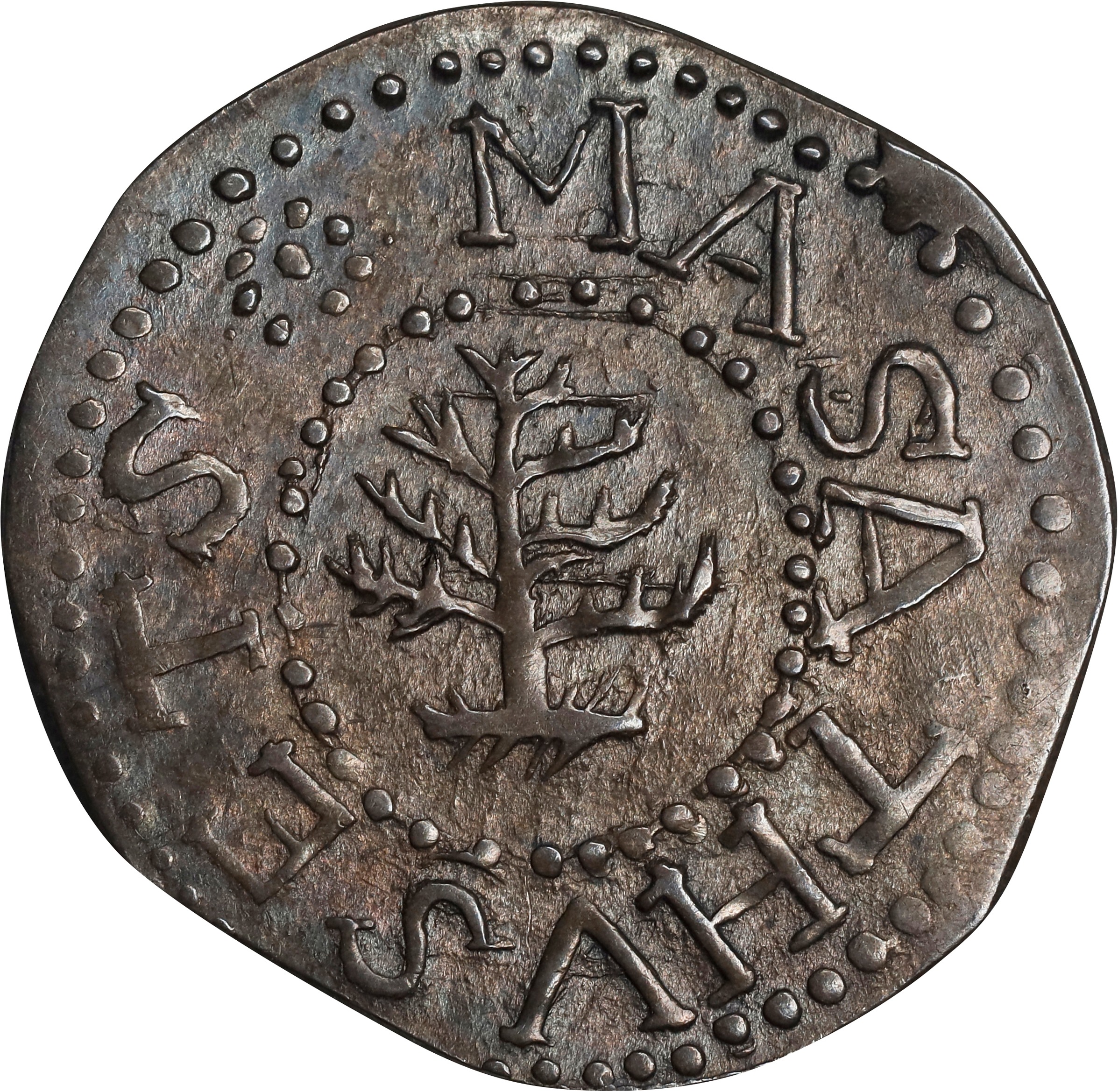 image for: 1652 Pine Tree Threepence. Noe-36, Salmon 2-B, W-640. Rarity-4. Without Pellets at Trunk. MS-63 (PCGS).