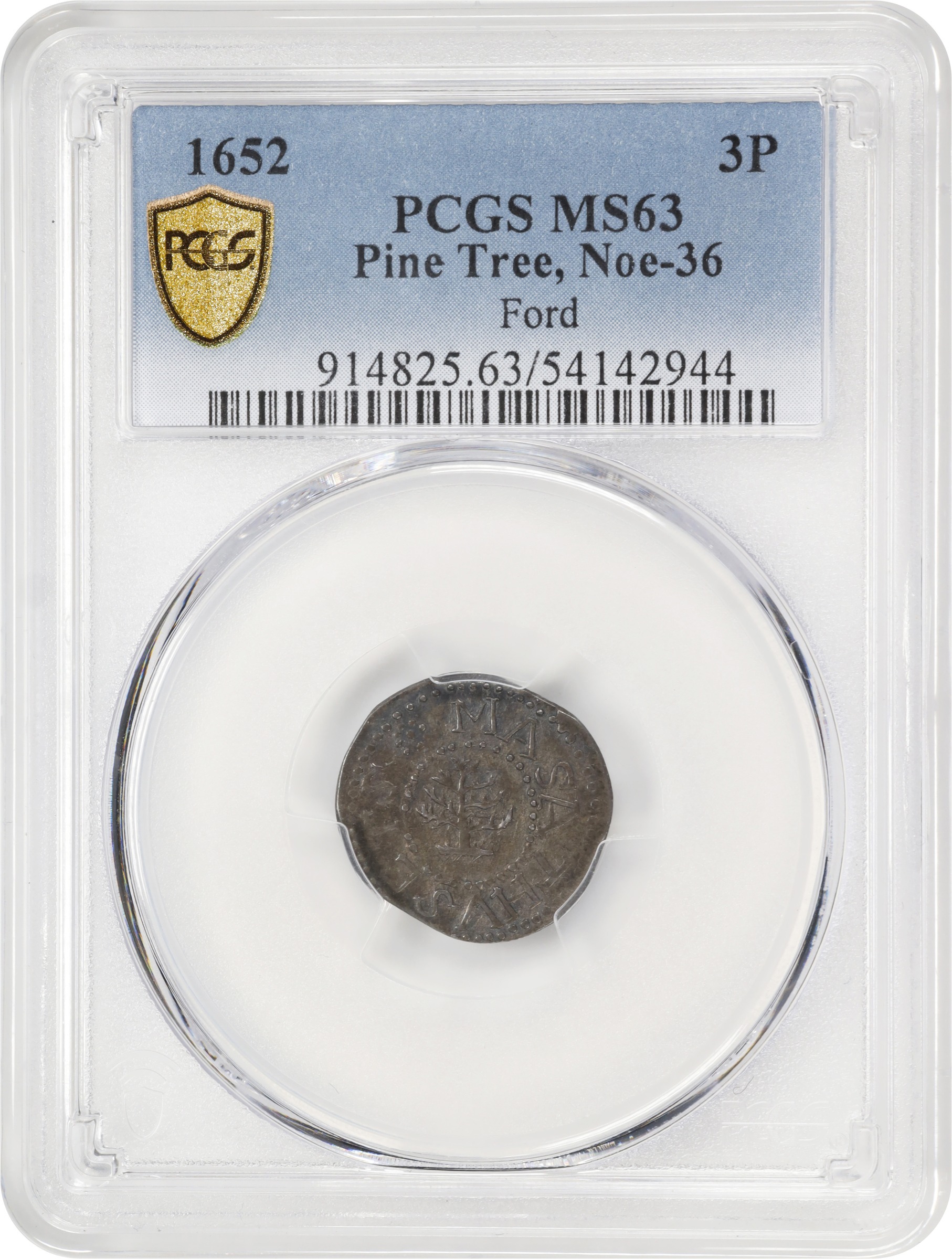 image for: 1652 Pine Tree Threepence. Noe-36, Salmon 2-B, W-640. Rarity-4. Without Pellets at Trunk. MS-63 (PCGS).