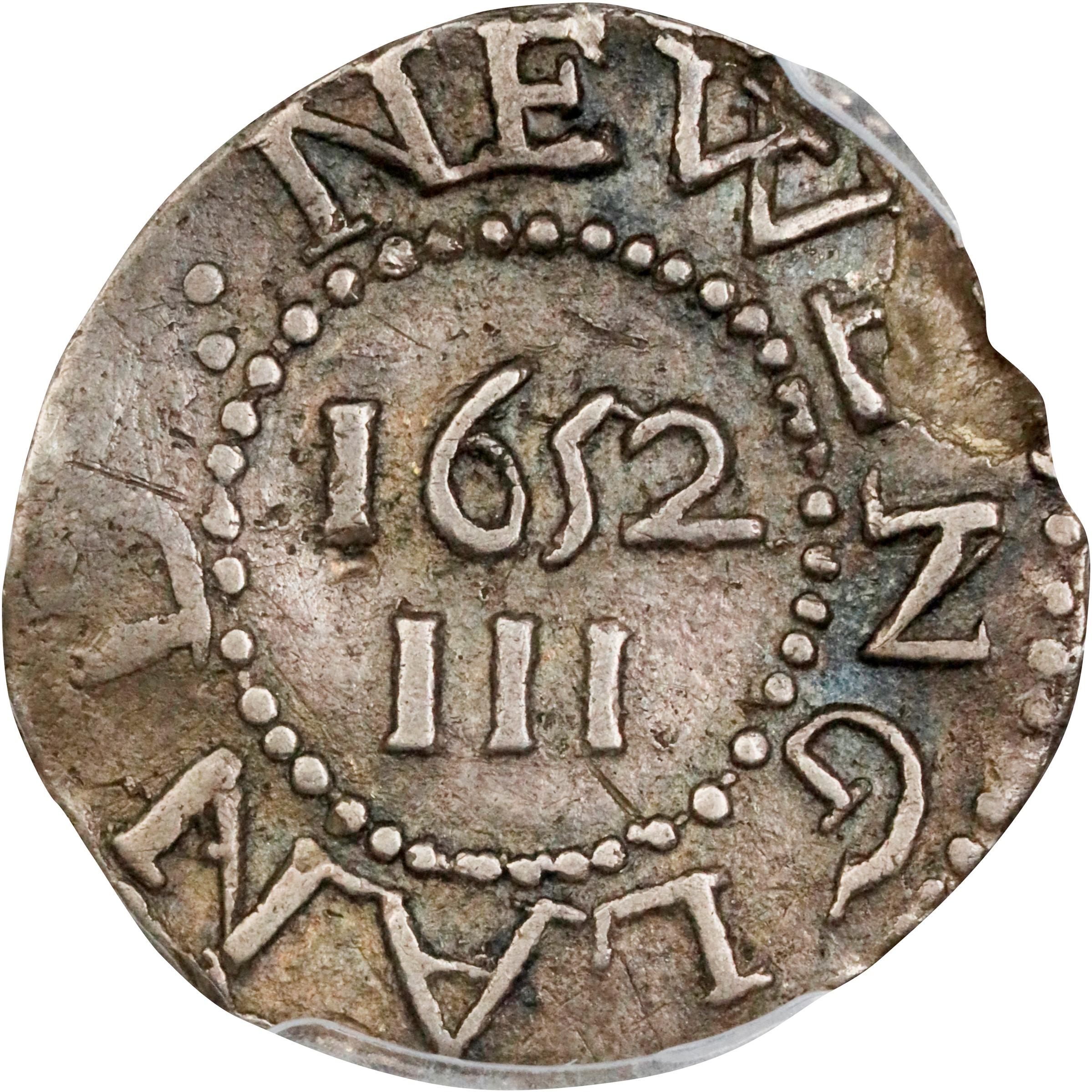image for: 1652 Pine Tree Threepence. Noe-37, Salmon 2a-B, W-640. Rarity-5. Without Pellets at Trunk. EF-40 (PCGS).