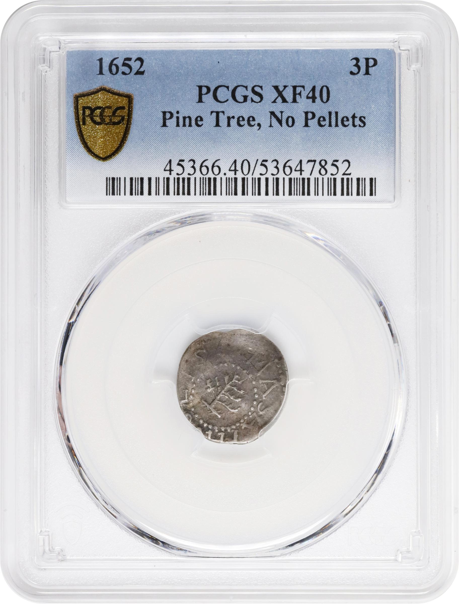 image for: 1652 Pine Tree Threepence. Noe-37, Salmon 2a-B, W-640. Rarity-5. Without Pellets at Trunk. EF-40 (PCGS).