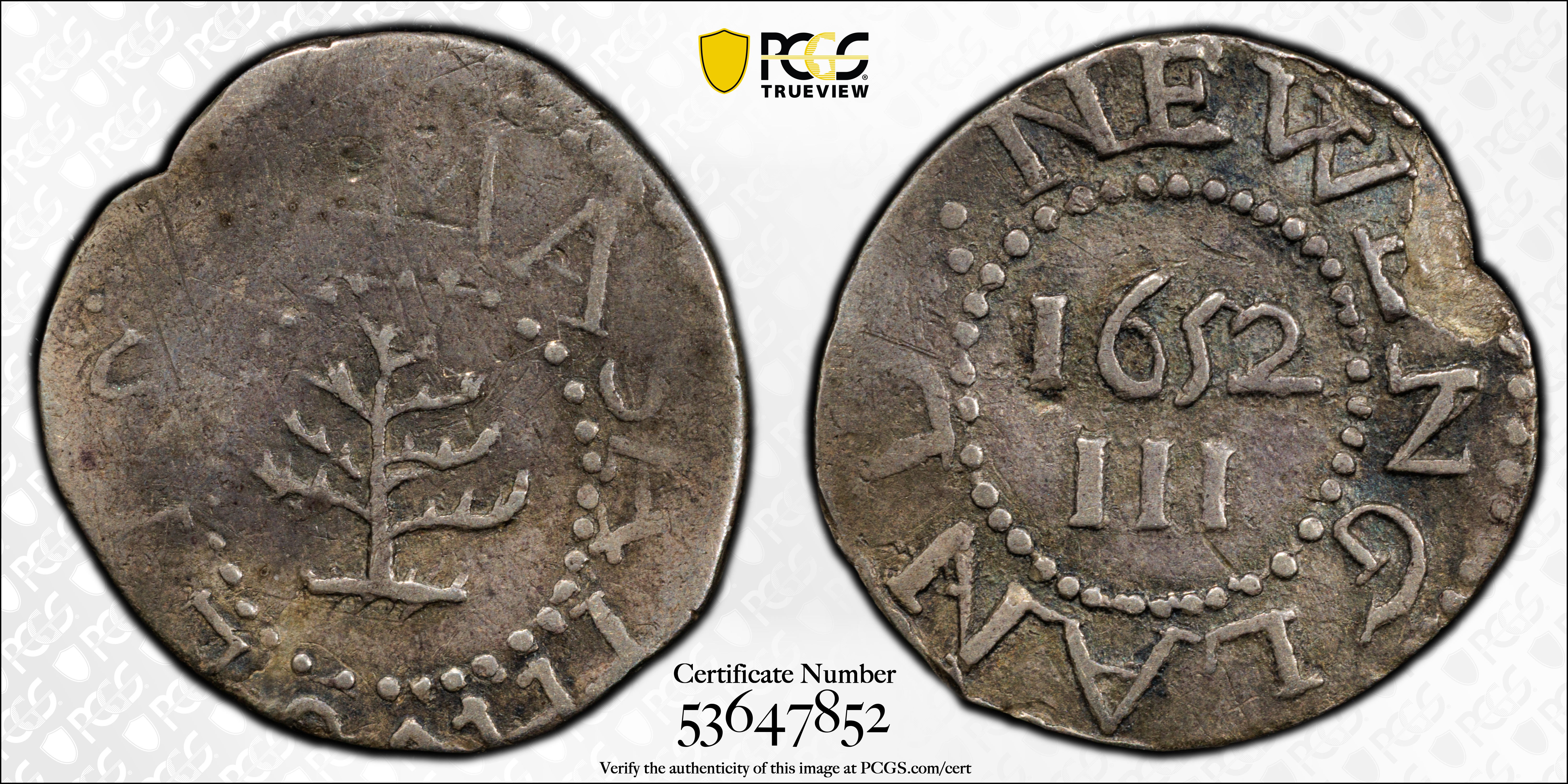 image for: 1652 Pine Tree Threepence. Noe-37, Salmon 2a-B, W-640. Rarity-5. Without Pellets at Trunk. EF-40 (PCGS).