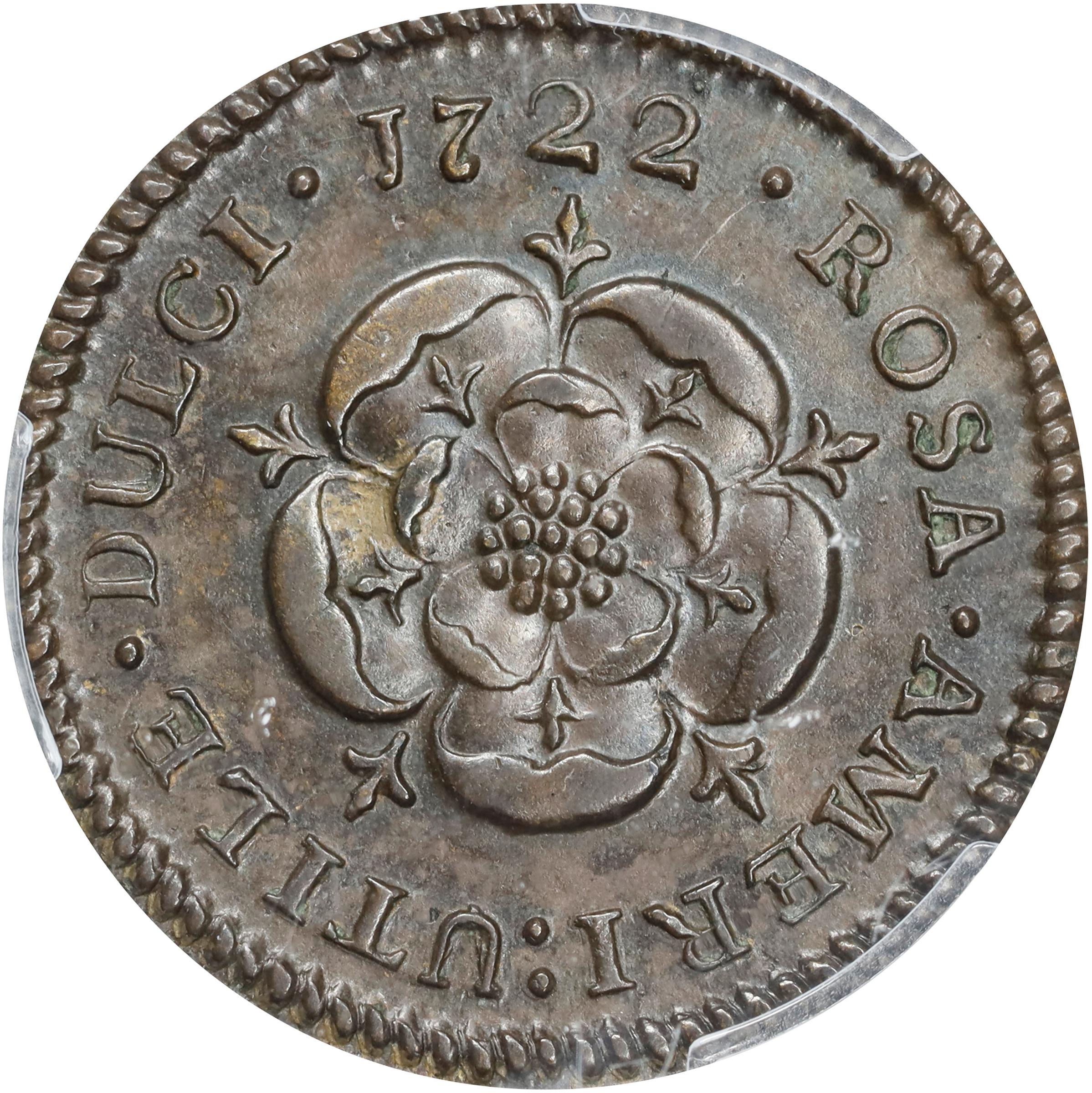 image for: 1722 Rosa Americana Halfpenny. Martin 2.1-B.1, W-1218. Rarity-4. D:G:REX / ROSA AMERI. UTILE DULCI. AU-58 (PCGS).