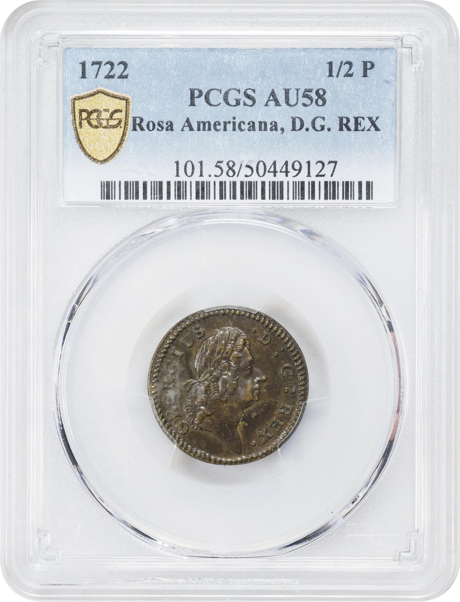 image for: 1722 Rosa Americana Halfpenny. Martin 2.1-B.1, W-1218. Rarity-4. D:G:REX / ROSA AMERI. UTILE DULCI. AU-58 (PCGS).