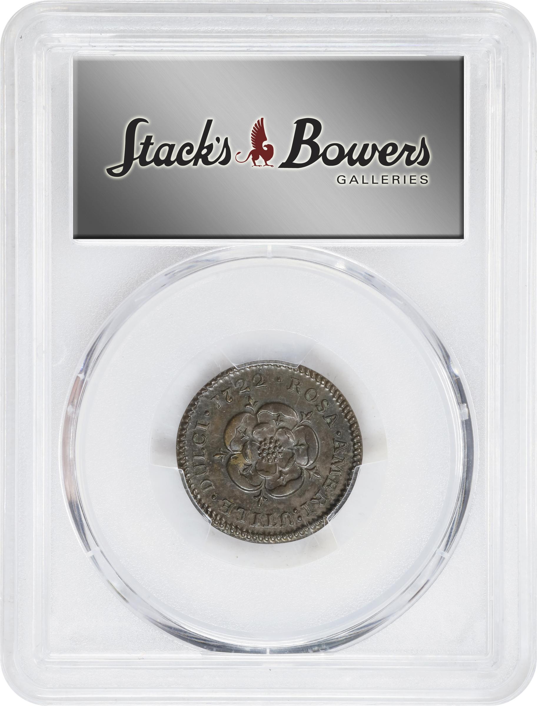 image for: 1722 Rosa Americana Halfpenny. Martin 2.1-B.1, W-1218. Rarity-4. D:G:REX / ROSA AMERI. UTILE DULCI. AU-58 (PCGS).