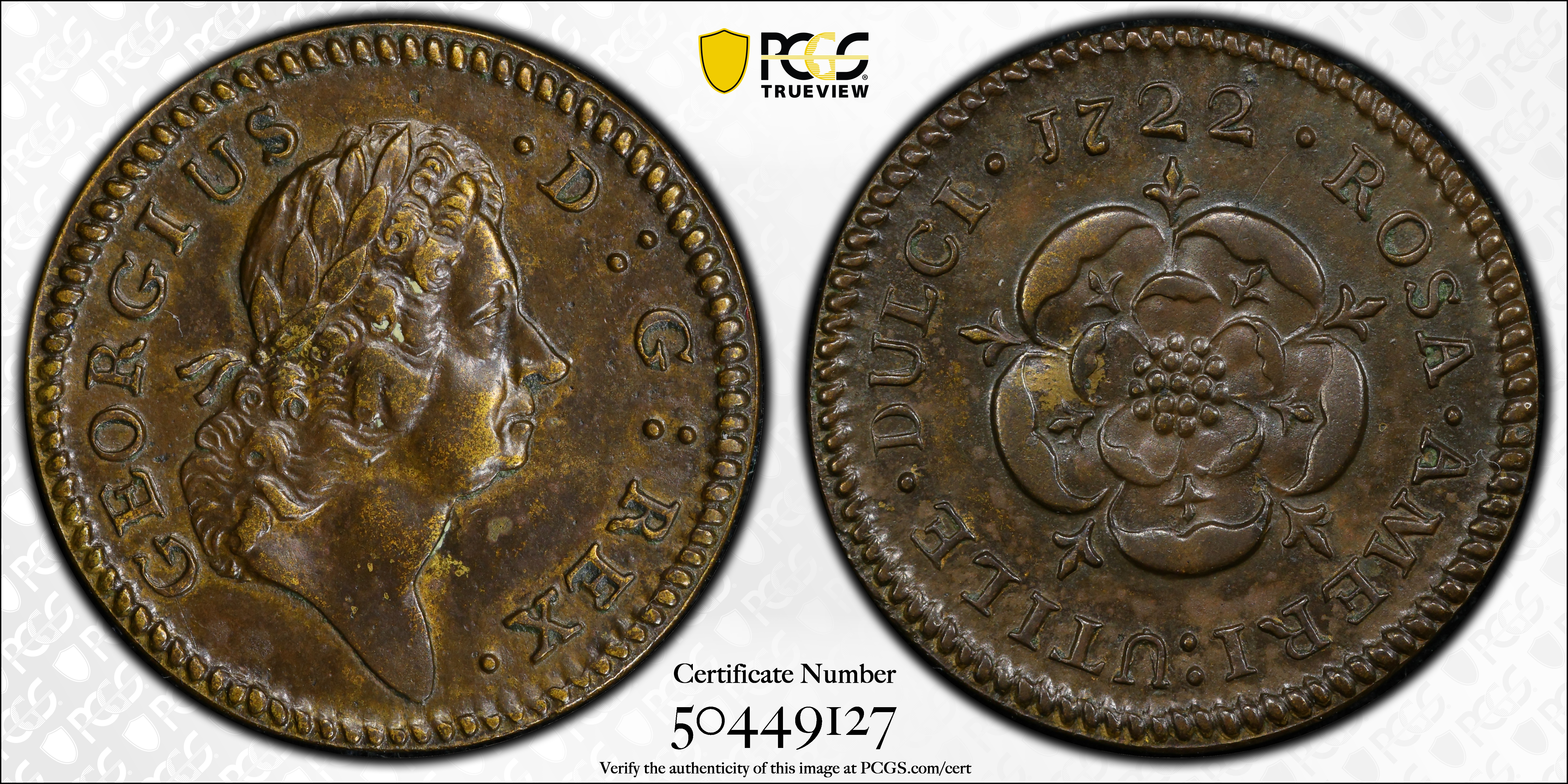 image for: 1722 Rosa Americana Halfpenny. Martin 2.1-B.1, W-1218. Rarity-4. D:G:REX / ROSA AMERI. UTILE DULCI. AU-58 (PCGS).