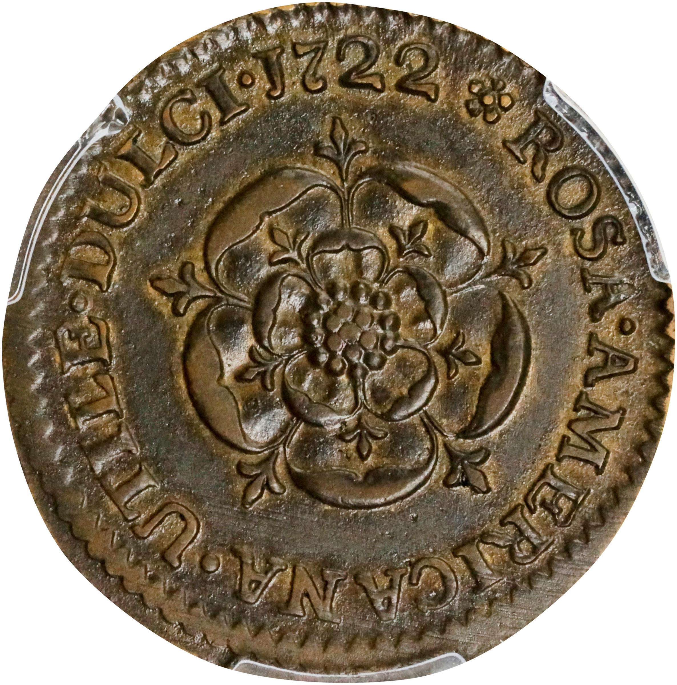 image for: 1722 Rosa Americana Halfpenny. Martin 3.3-C.1, W-1222. Rarity-5. DEI GRATIA REX / UTILE DULCI. AU-50 (PCGS).