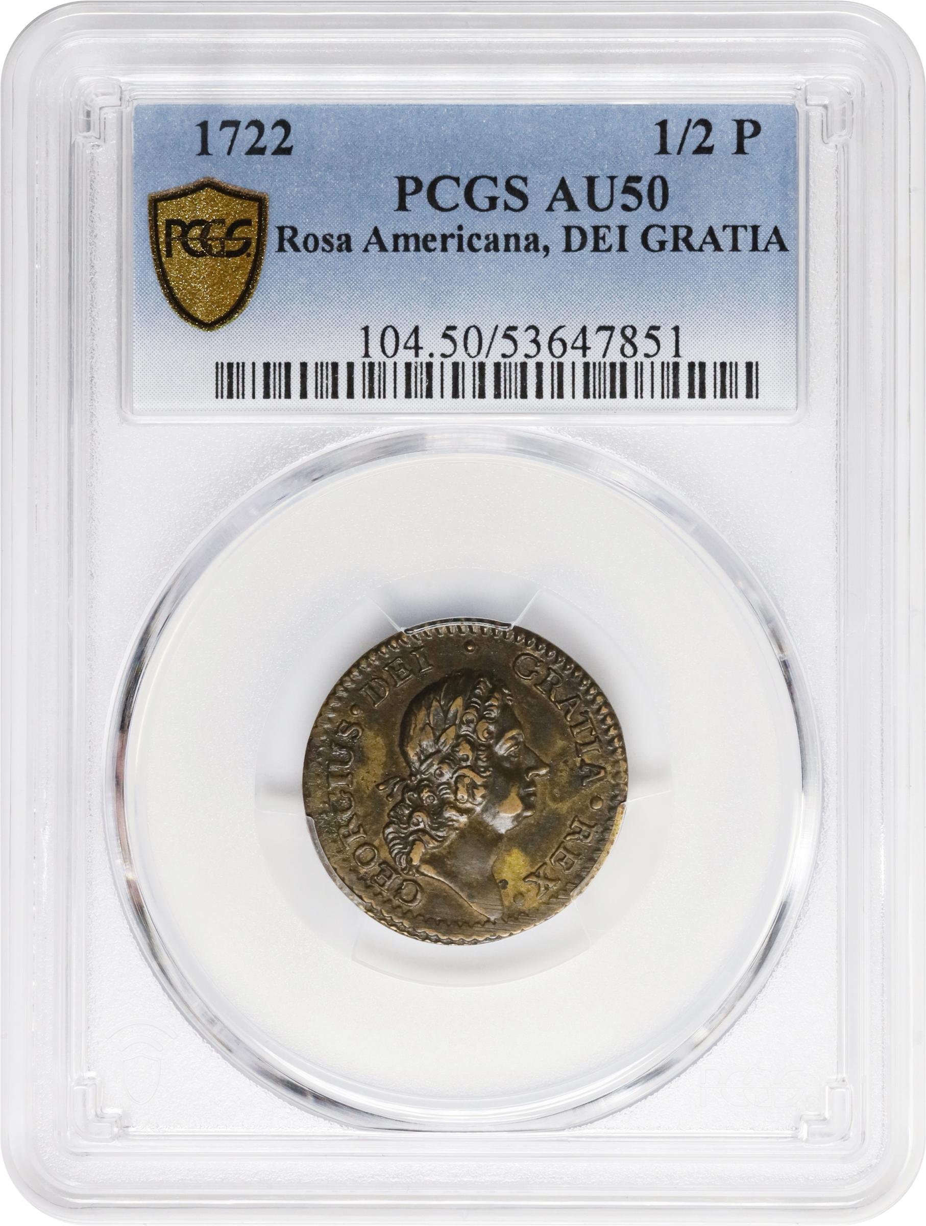 image for: 1722 Rosa Americana Halfpenny. Martin 3.3-C.1, W-1222. Rarity-5. DEI GRATIA REX / UTILE DULCI. AU-50 (PCGS).