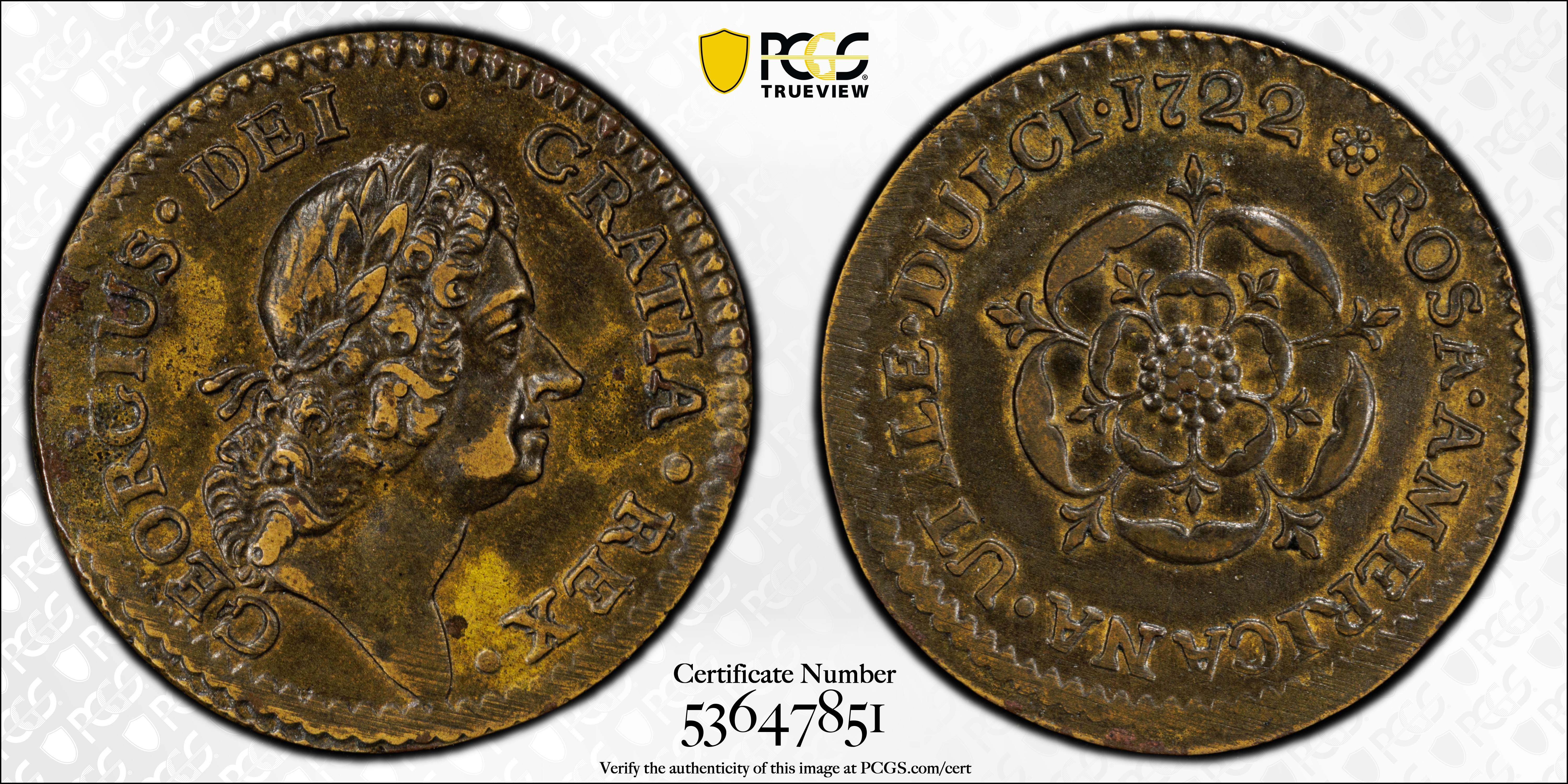 image for: 1722 Rosa Americana Halfpenny. Martin 3.3-C.1, W-1222. Rarity-5. DEI GRATIA REX / UTILE DULCI. AU-50 (PCGS).