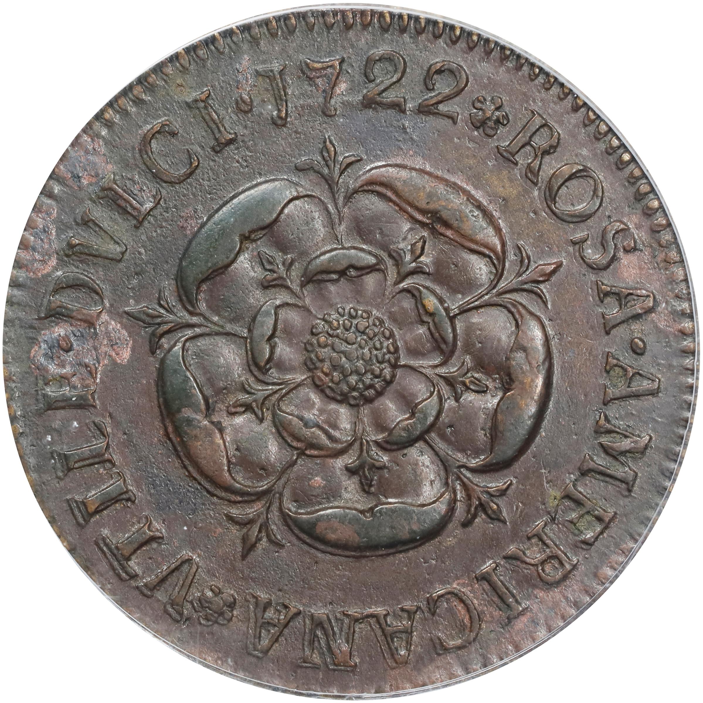 image for: 1722 Rosa Americana Penny. Martin 2.1-A.1, W-1256. Rarity-5. VTILE DVLCI. AU-55 (PCGS).