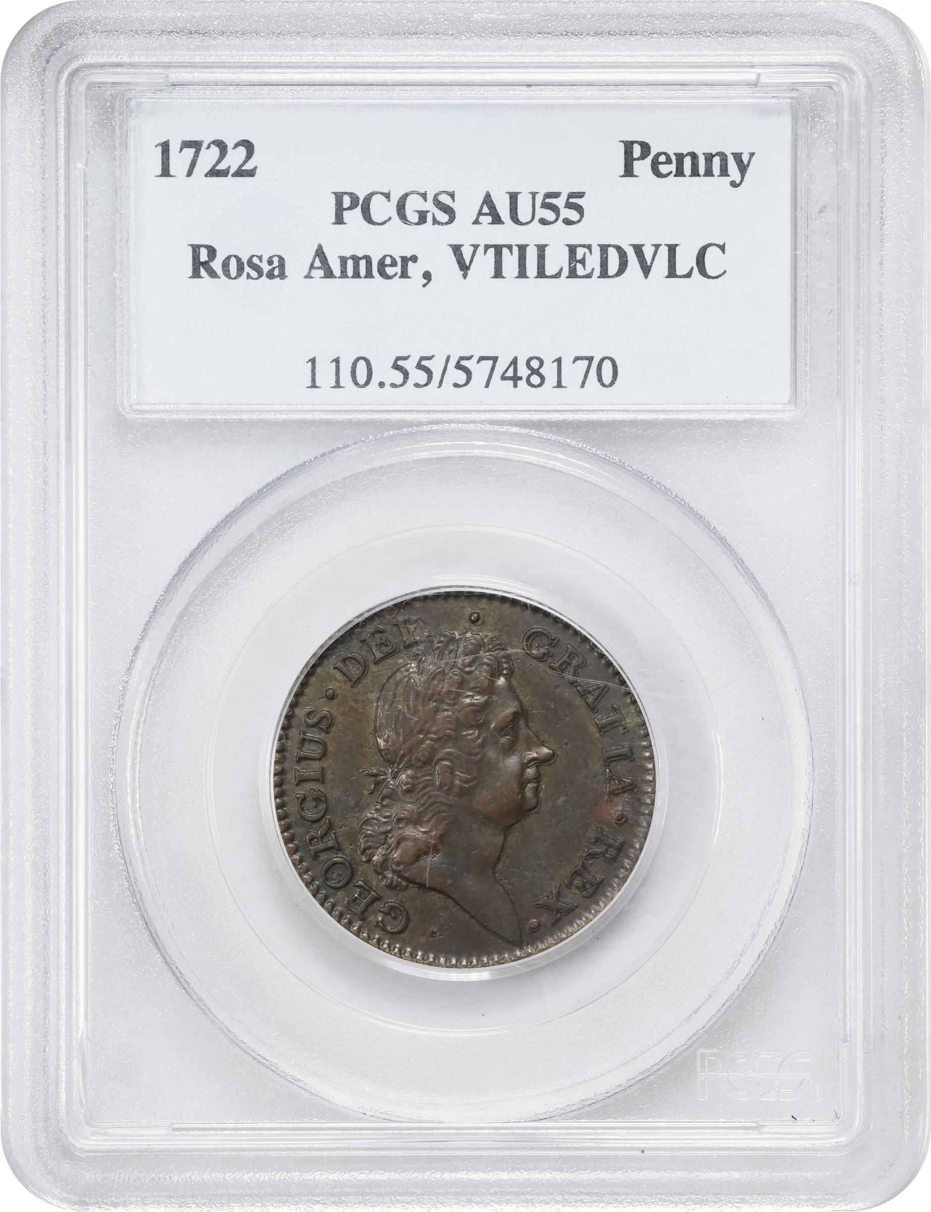 image for: 1722 Rosa Americana Penny. Martin 2.1-A.1, W-1256. Rarity-5. VTILE DVLCI. AU-55 (PCGS).