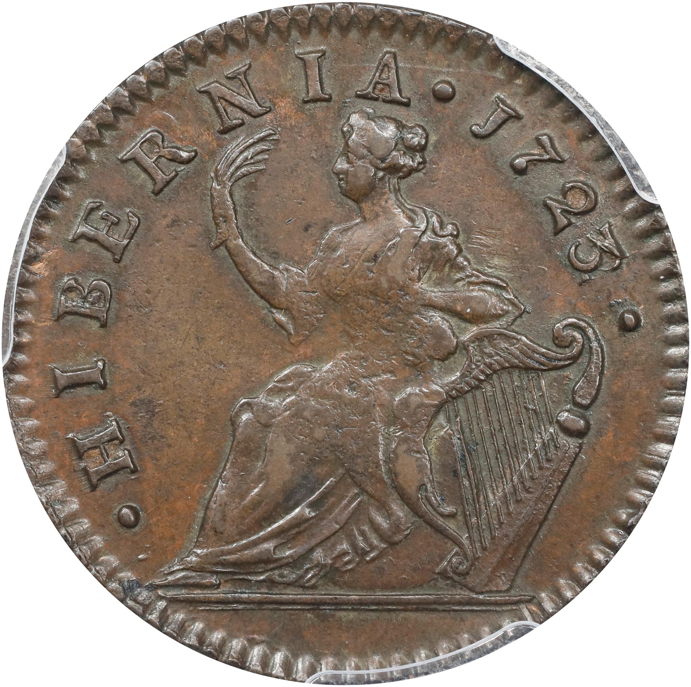image for: 1723 Wood's Hibernia Halfpenny. Martin 4.60-Da.1, W-12850. Rarity-2. AU-55 (PCGS).