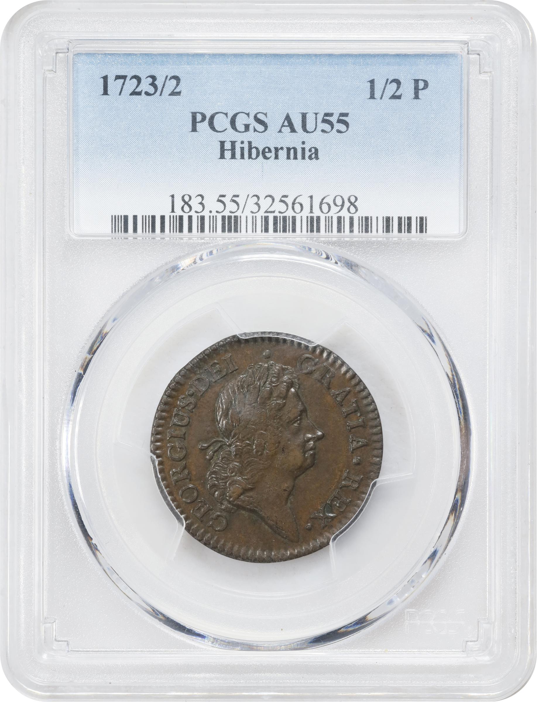 image for: 1723 Wood's Hibernia Halfpenny. Martin 4.60-Da.1, W-12850. Rarity-2. AU-55 (PCGS).