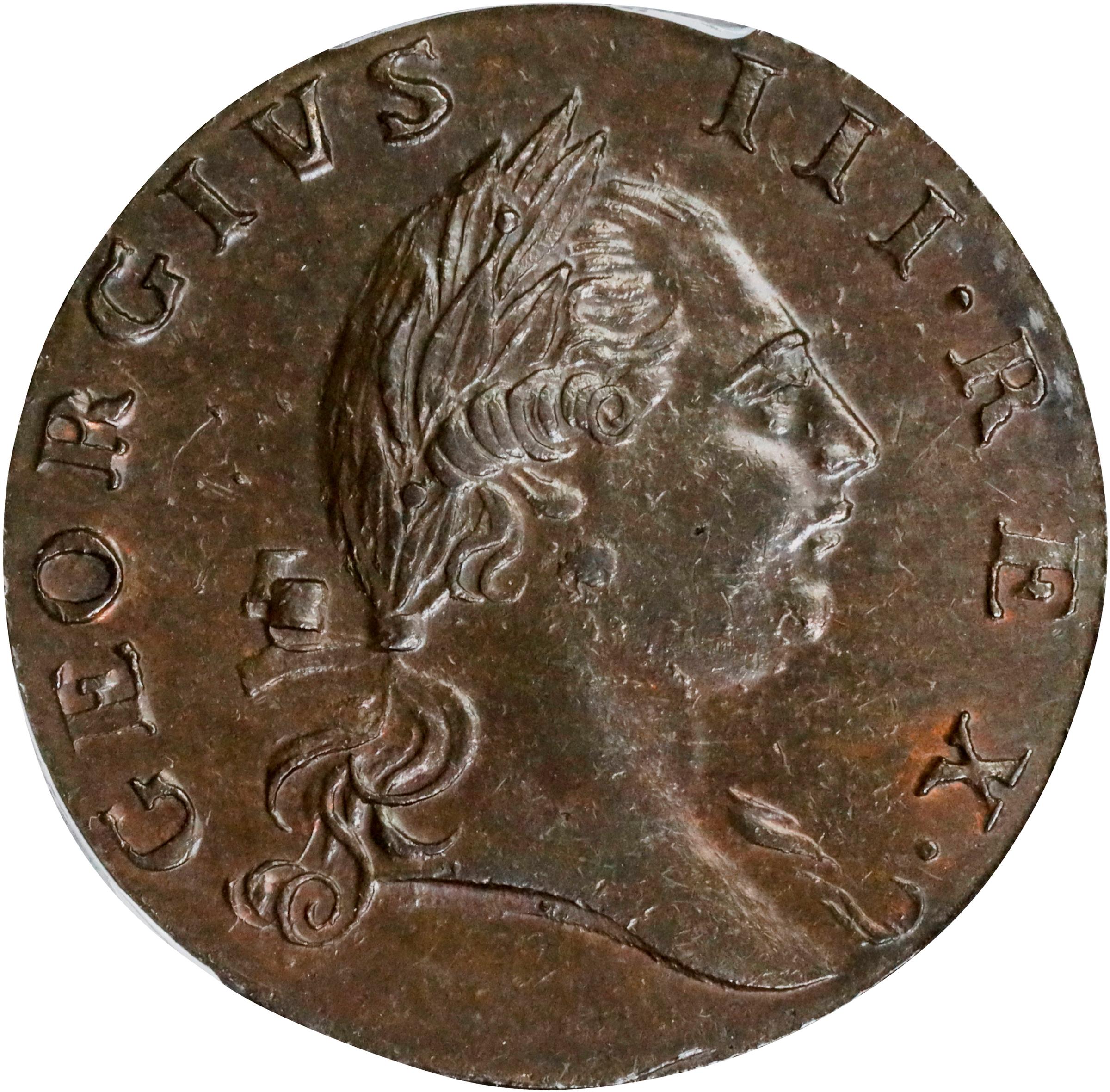 image for: 1773 Virginia Halfpenny. Newman 5-Z, W-1600. Rarity-4. No Period After GEORGIVS, 8 Harp Strings. MS-63 BN (PCGS).