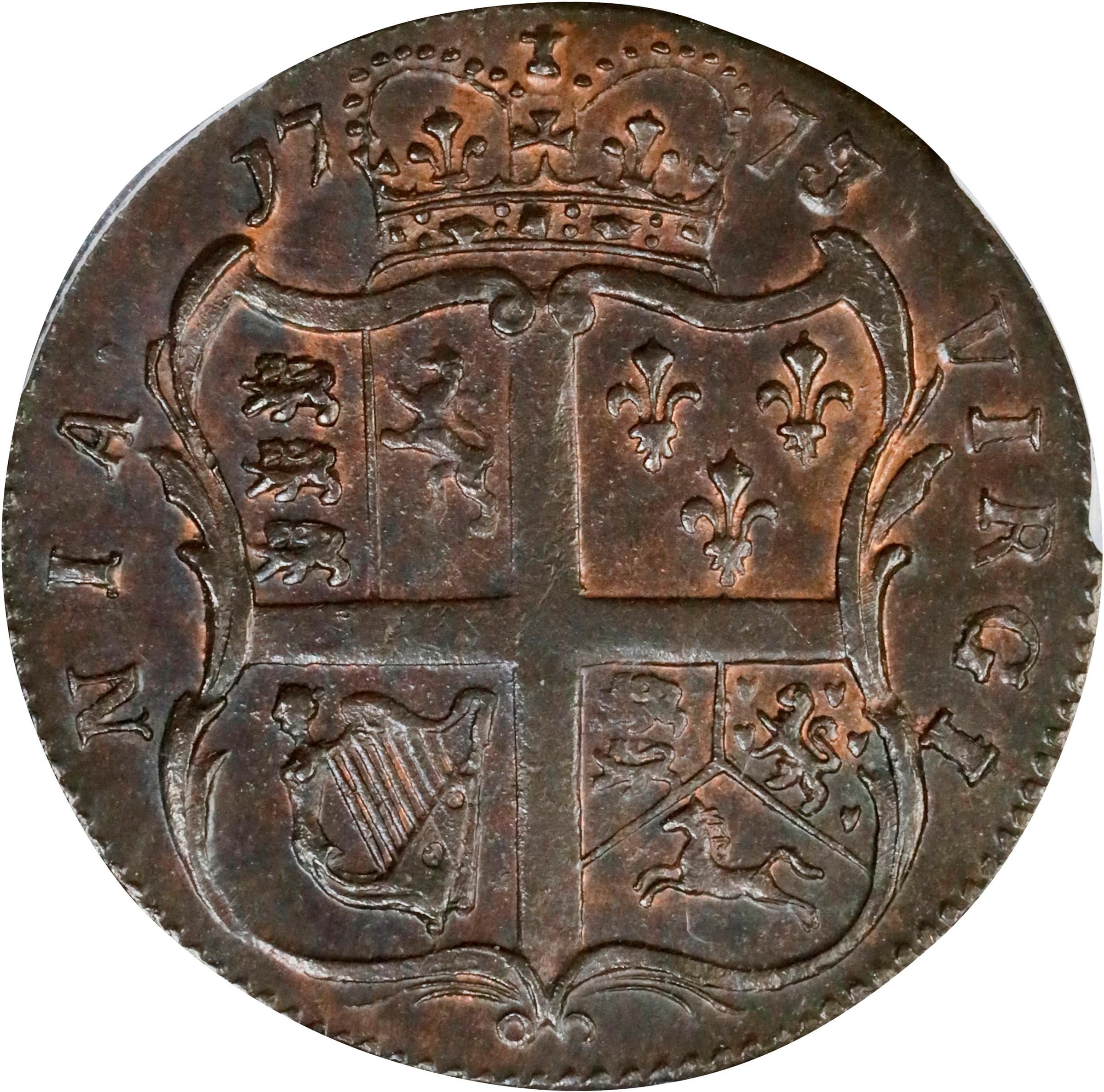 image for: 1773 Virginia Halfpenny. Newman 5-Z, W-1600. Rarity-4. No Period After GEORGIVS, 8 Harp Strings. MS-63 BN (PCGS).