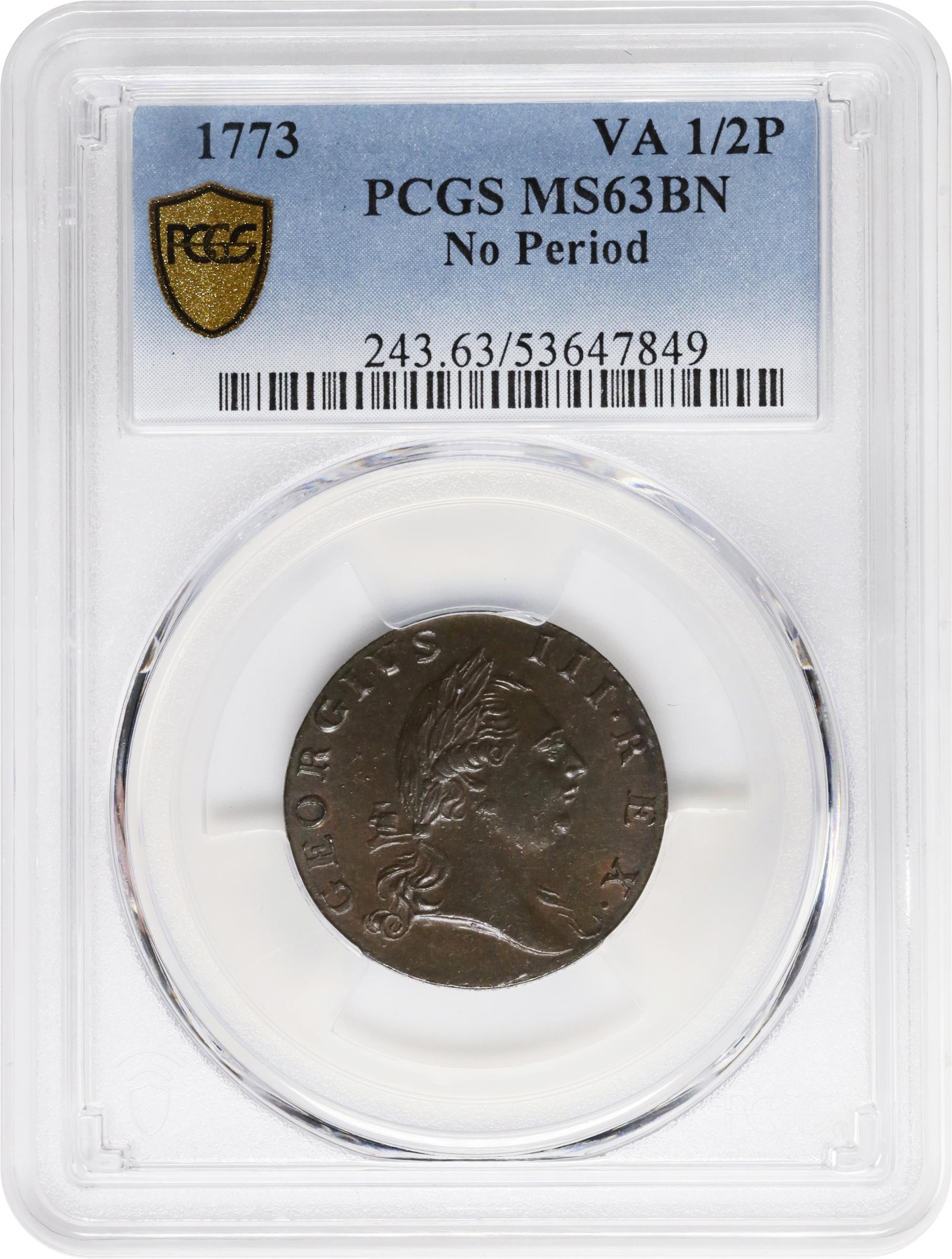 image for: 1773 Virginia Halfpenny. Newman 5-Z, W-1600. Rarity-4. No Period After GEORGIVS, 8 Harp Strings. MS-63 BN (PCGS).