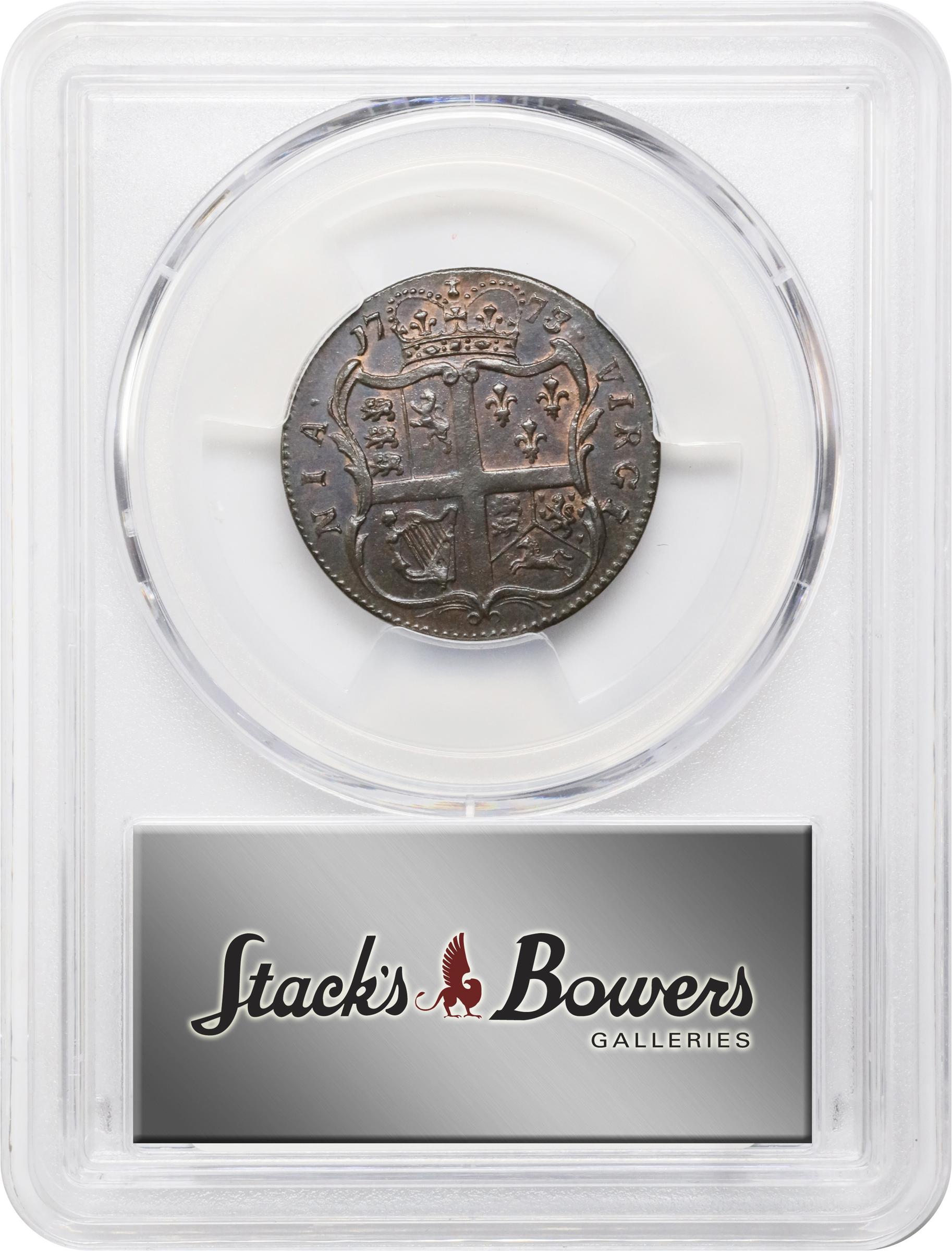 image for: 1773 Virginia Halfpenny. Newman 5-Z, W-1600. Rarity-4. No Period After GEORGIVS, 8 Harp Strings. MS-63 BN (PCGS).