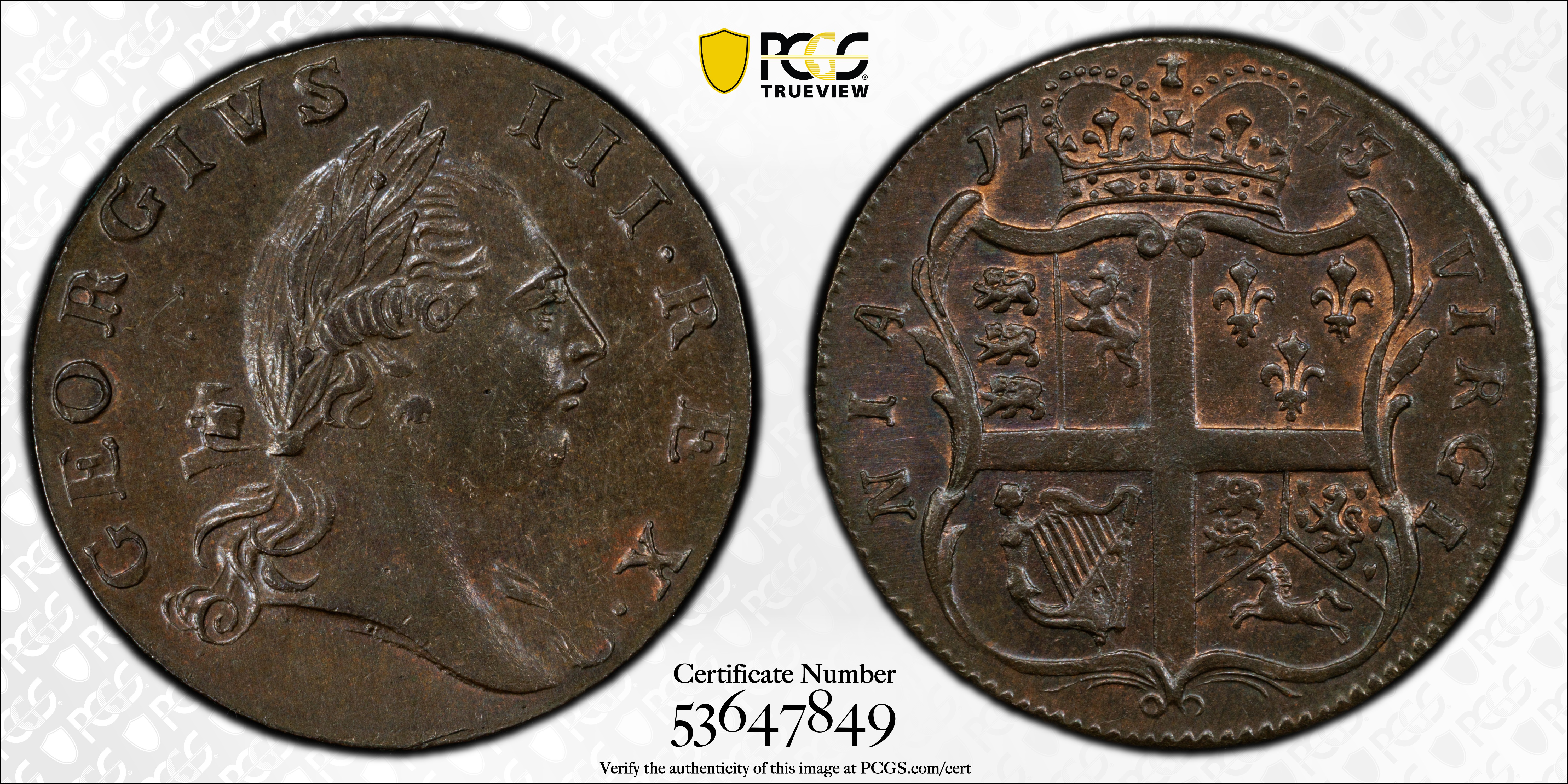image for: 1773 Virginia Halfpenny. Newman 5-Z, W-1600. Rarity-4. No Period After GEORGIVS, 8 Harp Strings. MS-63 BN (PCGS).