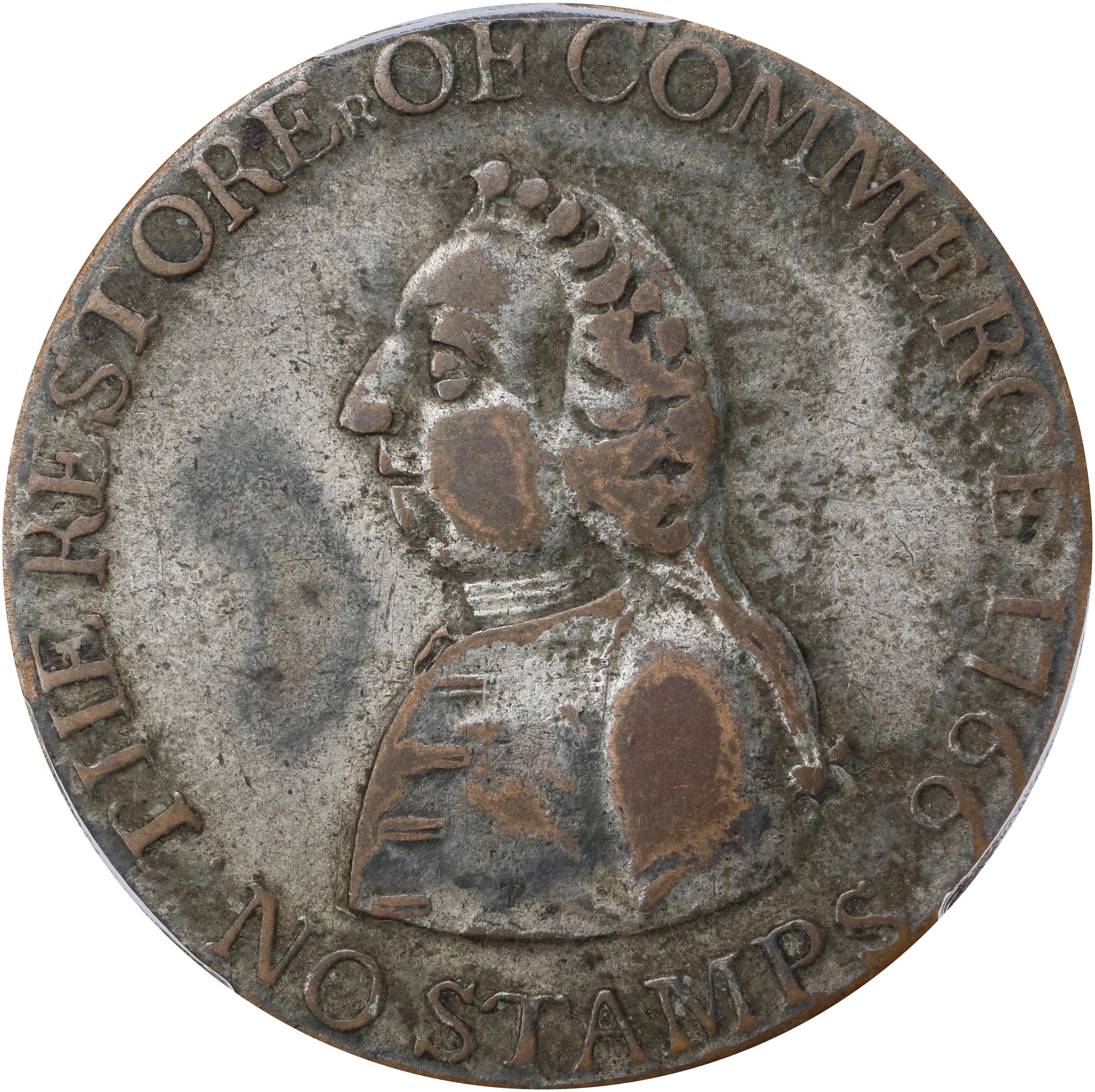 image for: 1766 Pitt Halfpenny Token. Betts-519, W-8350. Rarity-3. Copper, Tinned. VF-35 (PCGS).