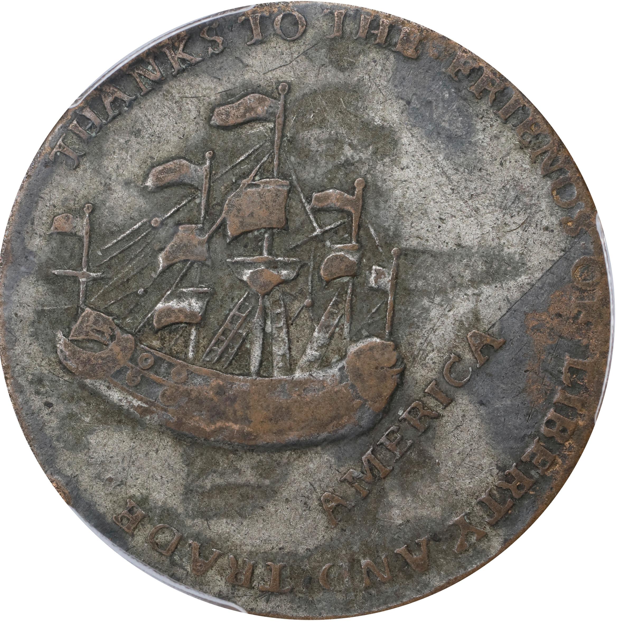 image for: 1766 Pitt Halfpenny Token. Betts-519, W-8350. Rarity-3. Copper, Tinned. VF-35 (PCGS).