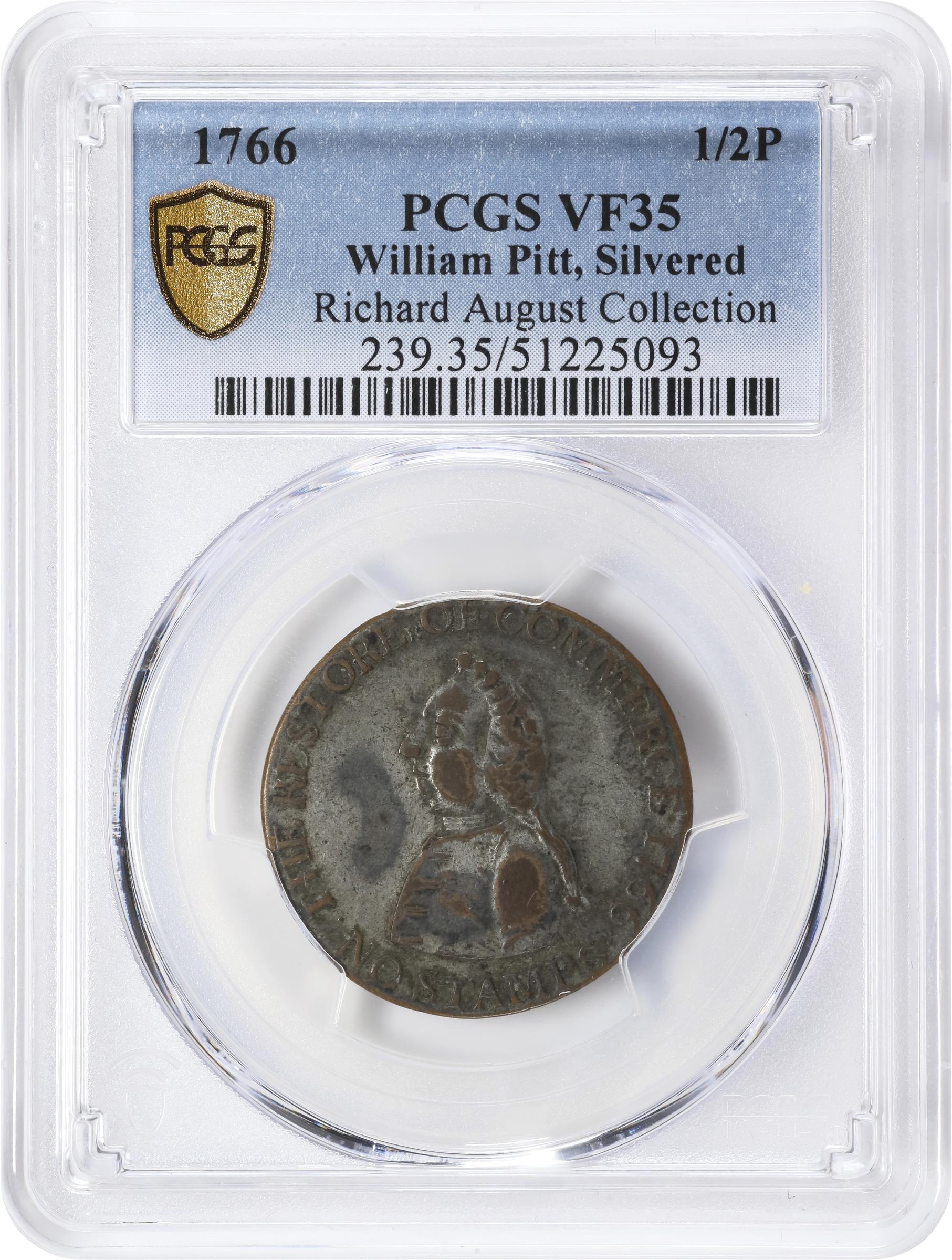 image for: 1766 Pitt Halfpenny Token. Betts-519, W-8350. Rarity-3. Copper, Tinned. VF-35 (PCGS).