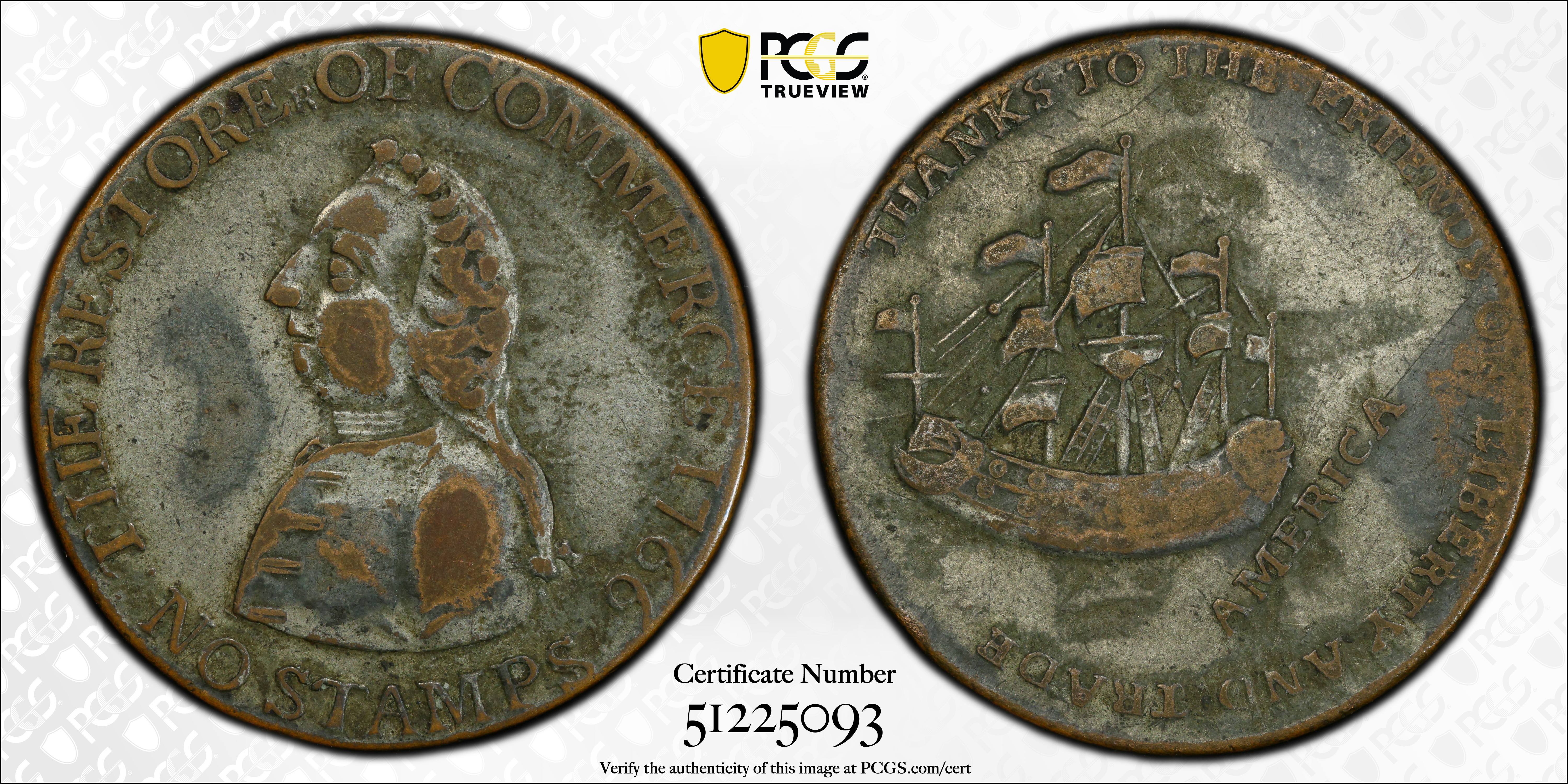 image for: 1766 Pitt Halfpenny Token. Betts-519, W-8350. Rarity-3. Copper, Tinned. VF-35 (PCGS).