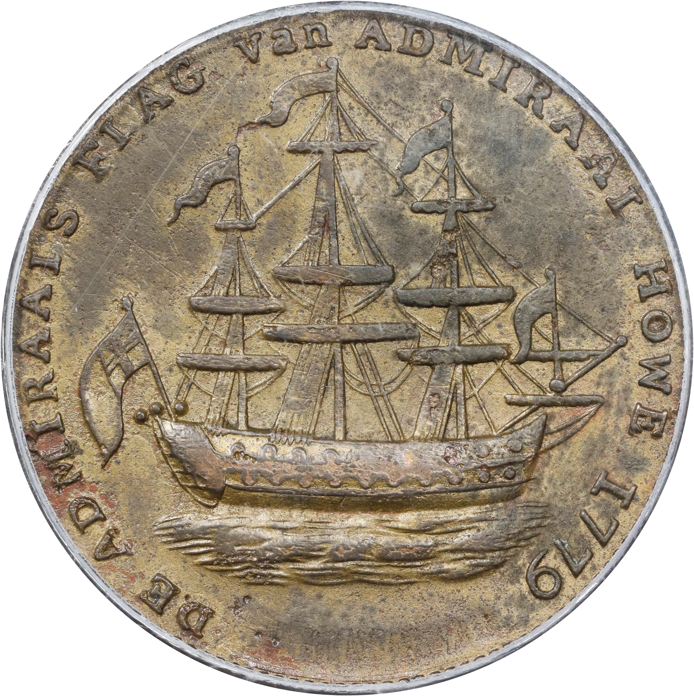 image for: "1778-1779" (ca. 1780) Rhode Island Ship Medal. Betts-562, W-1730. Without Wreath Below Ship. Brass or Pinchbeck. AU-58 (PCGS). CAC.