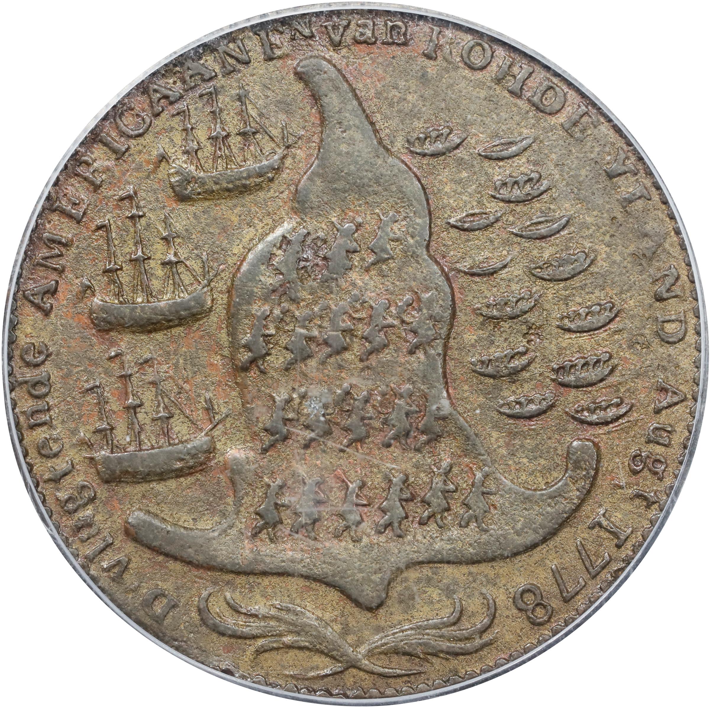 image for: "1778-1779" (ca. 1780) Rhode Island Ship Medal. Betts-562, W-1730. Without Wreath Below Ship. Brass or Pinchbeck. AU-58 (PCGS). CAC.