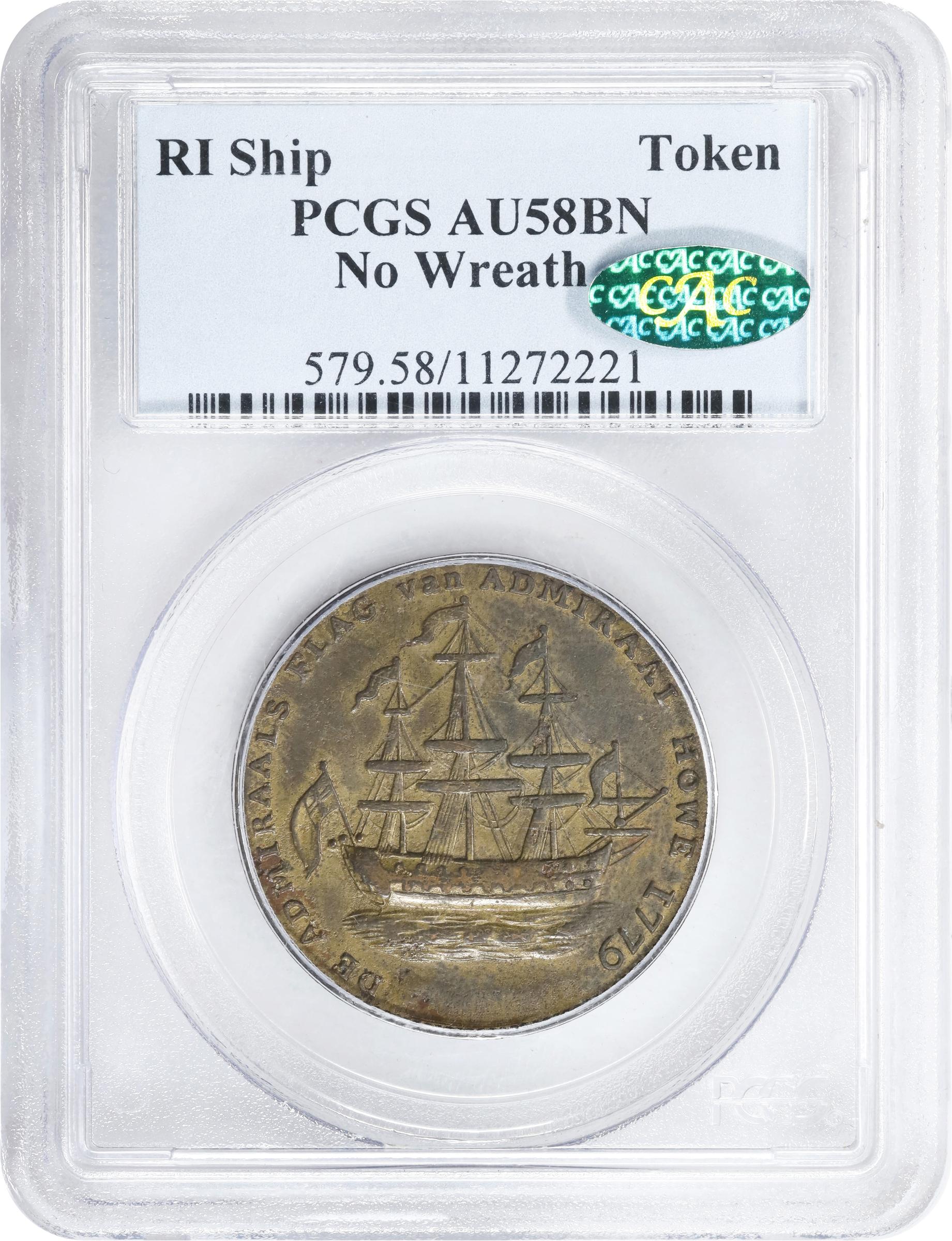 image for: "1778-1779" (ca. 1780) Rhode Island Ship Medal. Betts-562, W-1730. Without Wreath Below Ship. Brass or Pinchbeck. AU-58 (PCGS). CAC.