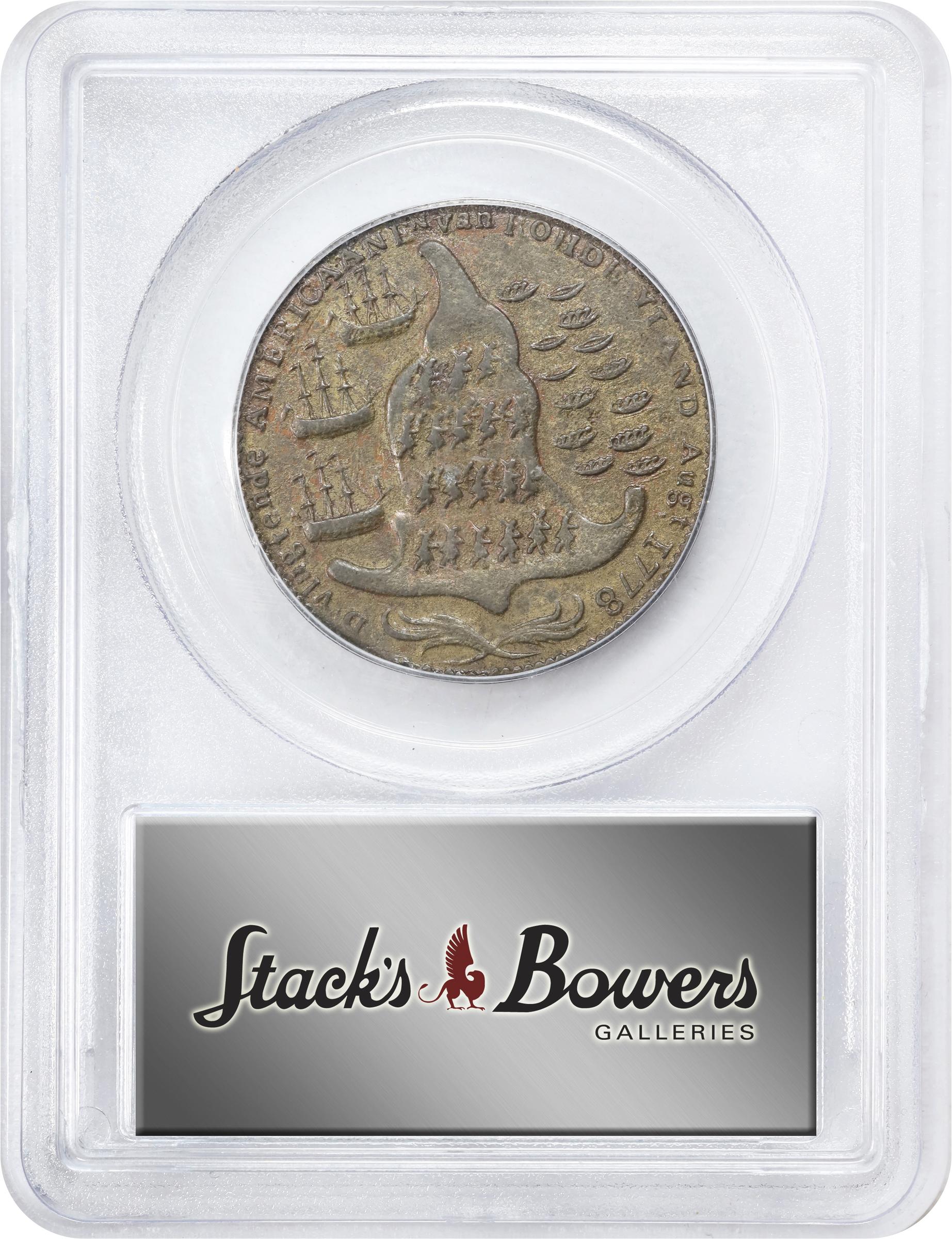 image for: "1778-1779" (ca. 1780) Rhode Island Ship Medal. Betts-562, W-1730. Without Wreath Below Ship. Brass or Pinchbeck. AU-58 (PCGS). CAC.