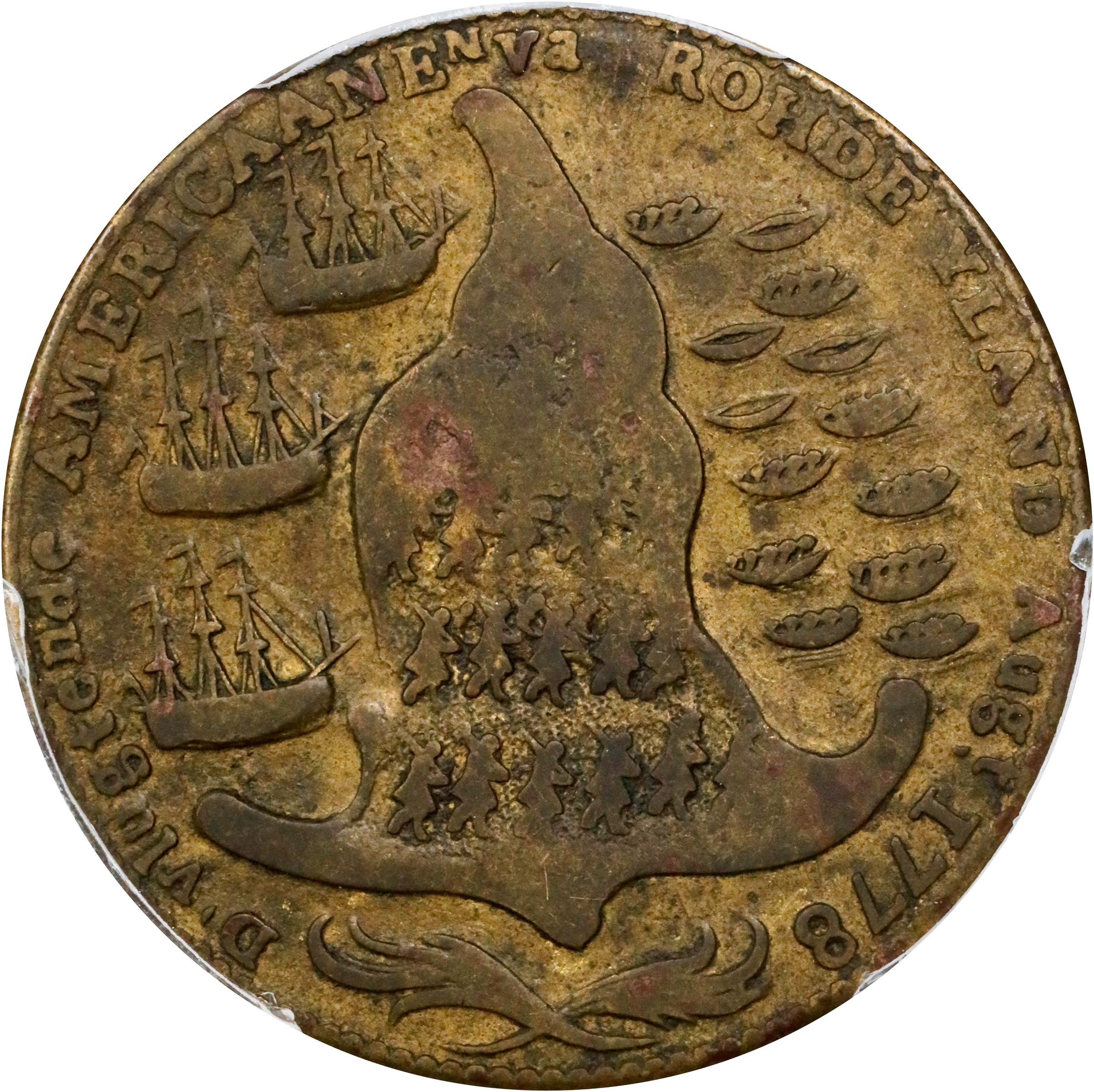 image for: "1778-1779" (ca. 1780) Rhode Island Ship Medal. Betts-562, W-1730. Without Wreath Below Ship. Brass or Pinchbeck. VF-20 (PCGS).