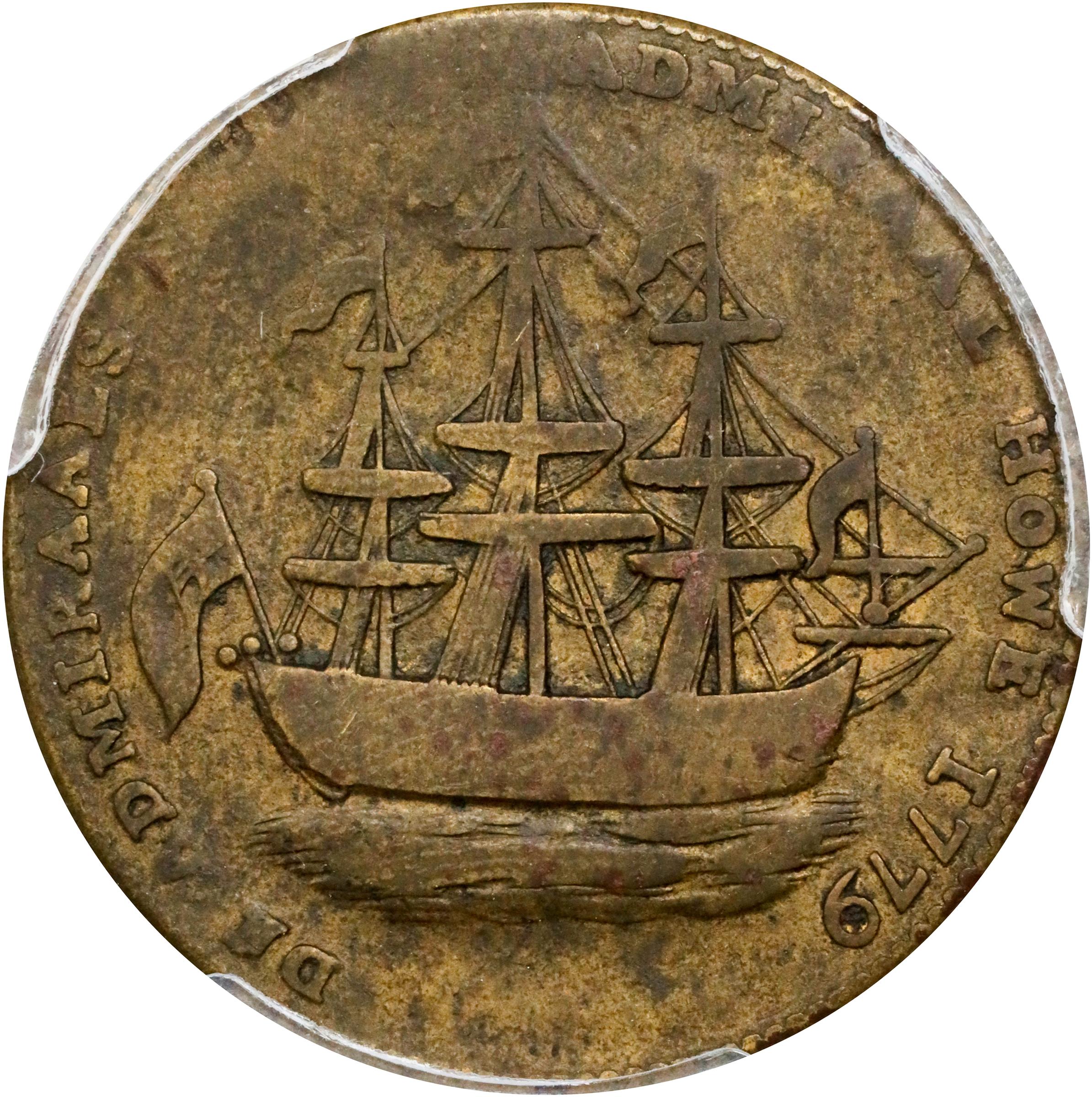 image for: "1778-1779" (ca. 1780) Rhode Island Ship Medal. Betts-562, W-1730. Without Wreath Below Ship. Brass or Pinchbeck. VF-20 (PCGS).