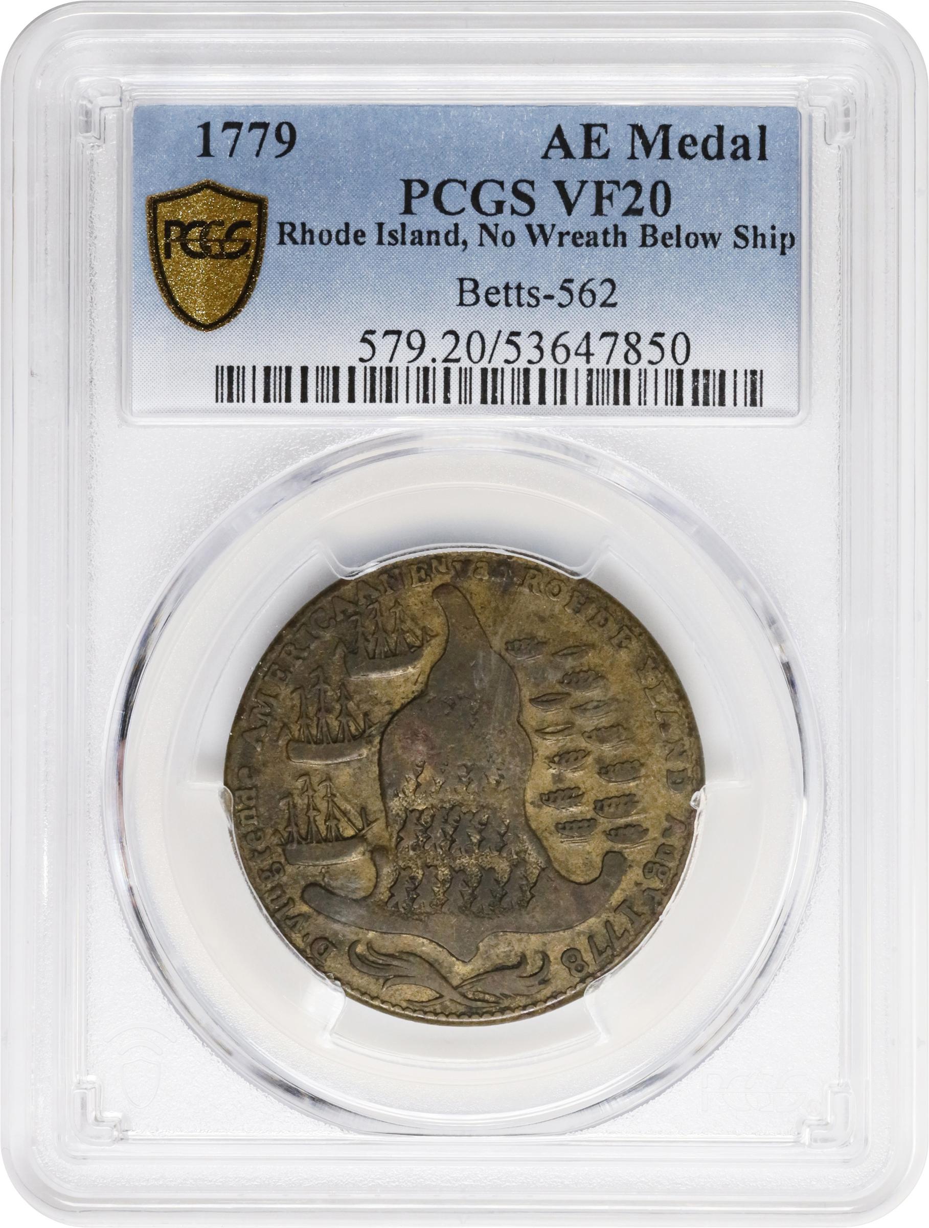 image for: "1778-1779" (ca. 1780) Rhode Island Ship Medal. Betts-562, W-1730. Without Wreath Below Ship. Brass or Pinchbeck. VF-20 (PCGS).