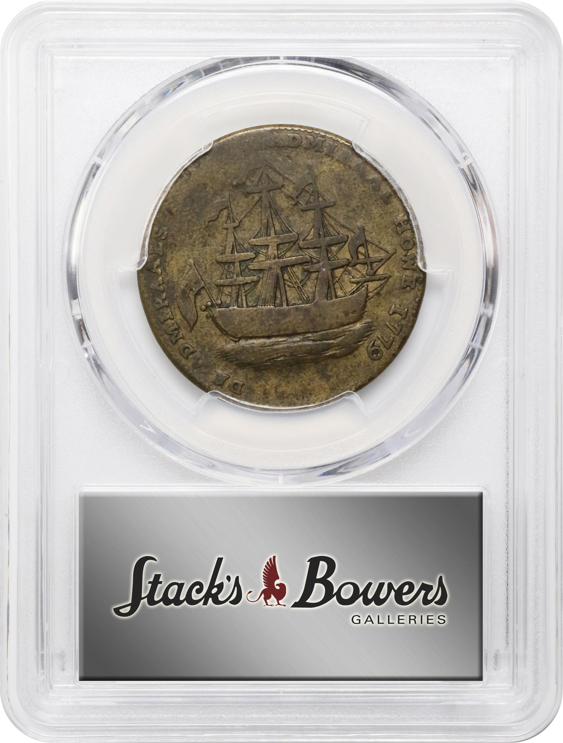 image for: "1778-1779" (ca. 1780) Rhode Island Ship Medal. Betts-562, W-1730. Without Wreath Below Ship. Brass or Pinchbeck. VF-20 (PCGS).