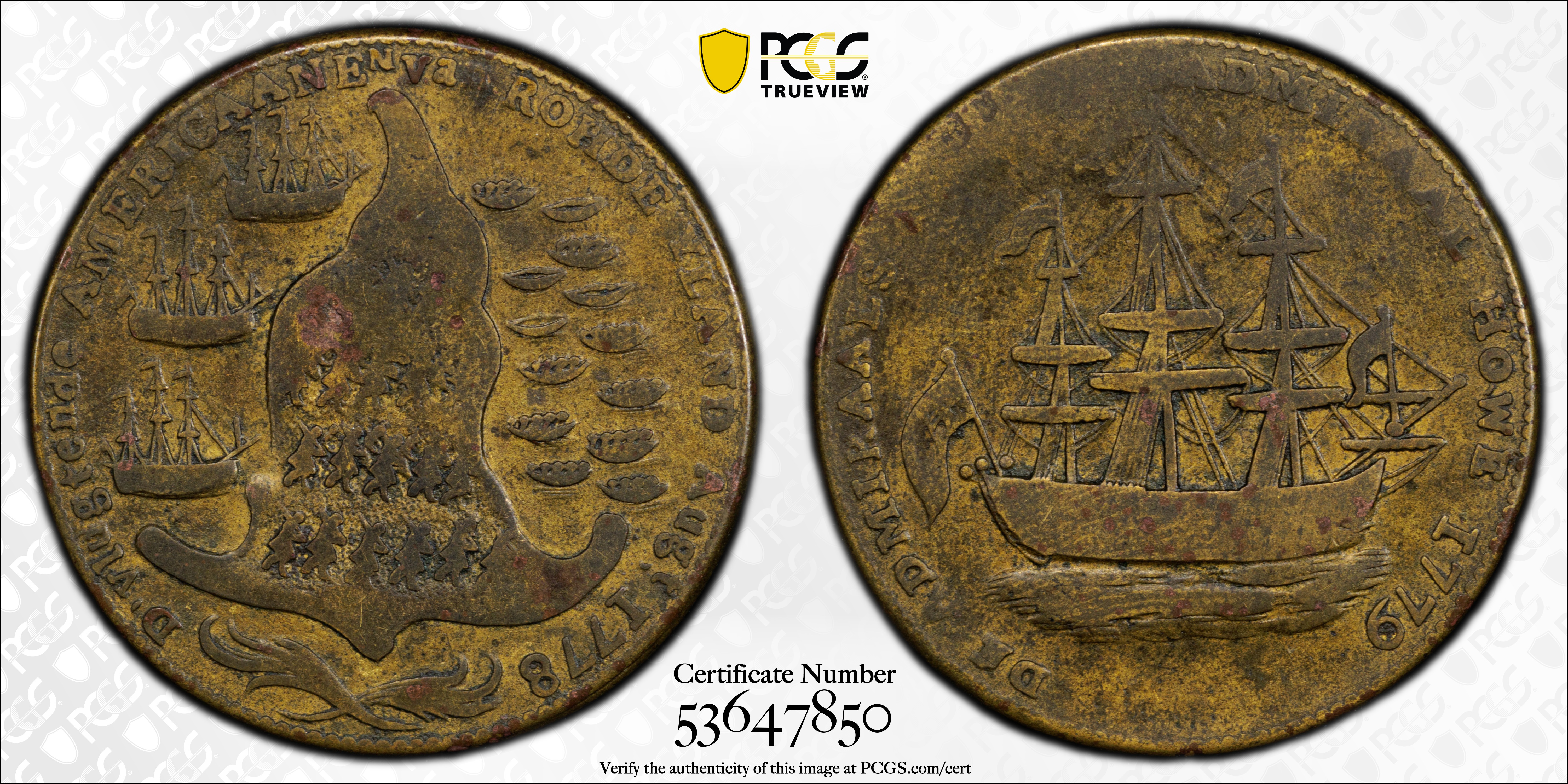 image for: "1778-1779" (ca. 1780) Rhode Island Ship Medal. Betts-562, W-1730. Without Wreath Below Ship. Brass or Pinchbeck. VF-20 (PCGS).