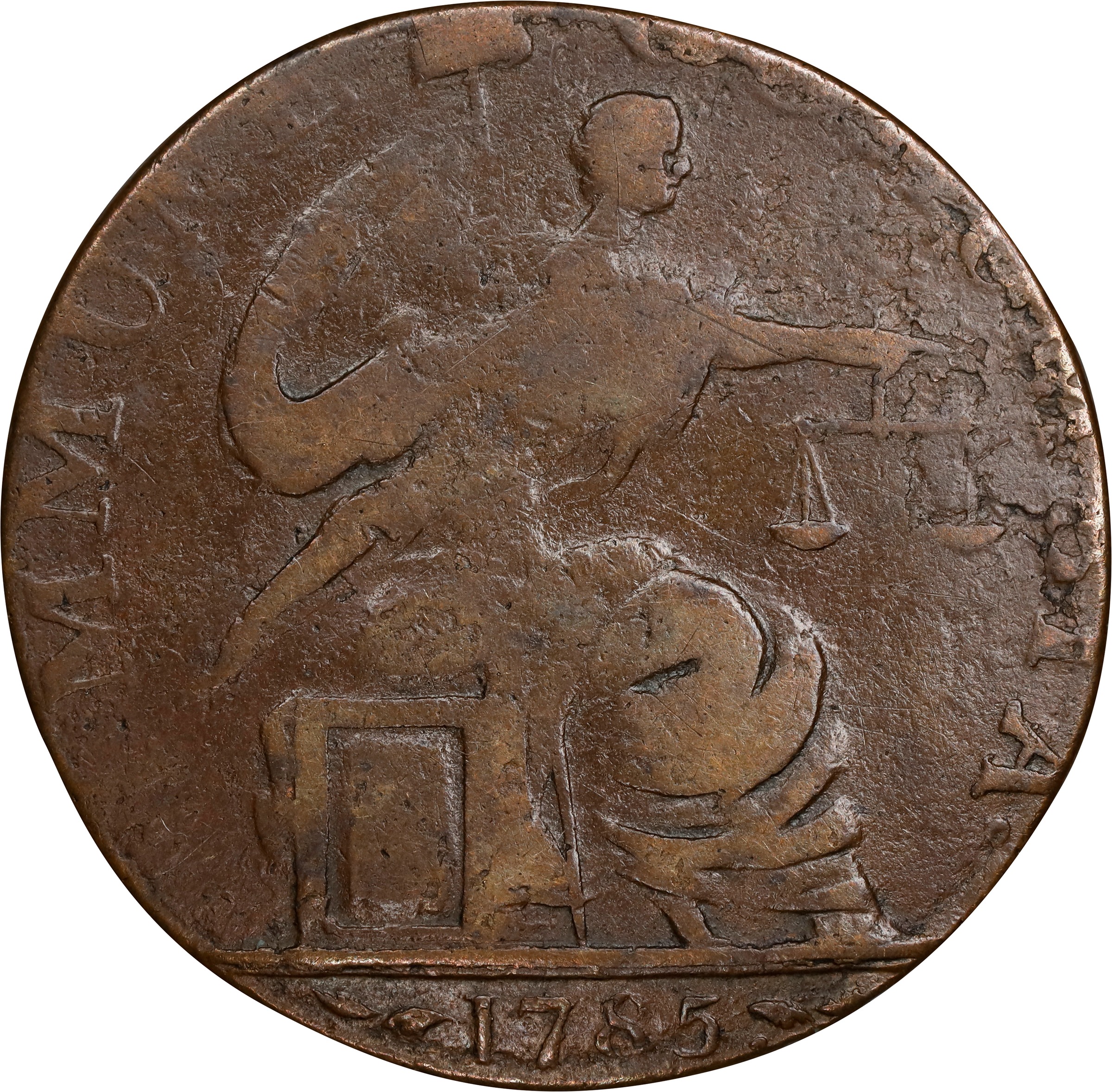 image for: 1785 George III / Immune Columbia Muling. Vlack 15-85NY, W-1995. Rarity-5+. Fine-12 (PCGS).