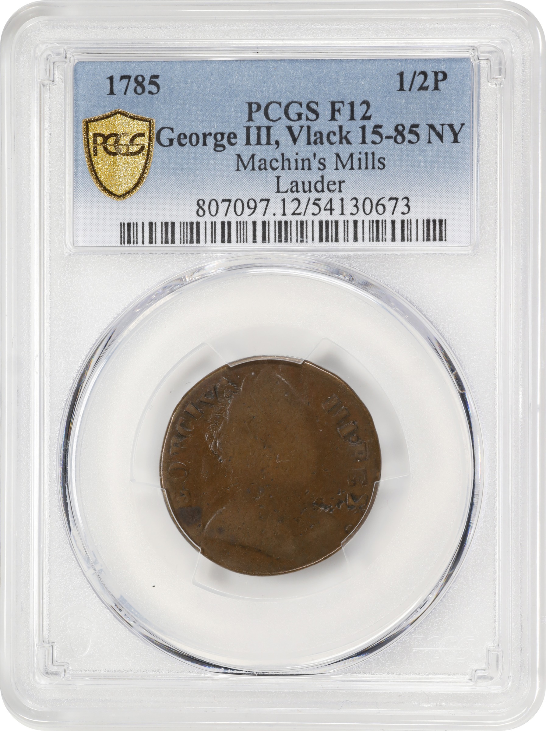 image for: 1785 George III / Immune Columbia Muling. Vlack 15-85NY, W-1995. Rarity-5+. Fine-12 (PCGS).