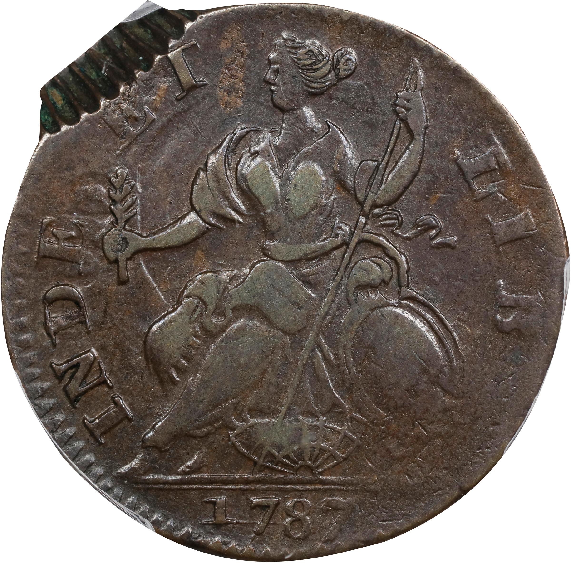 image for: 1787 Connecticut Copper. Miller 2-B, W-2755. Rarity-3. Mailed Bust Left. Double Struck, Second Strike 95% Off Center. EF-45 (PCGS).