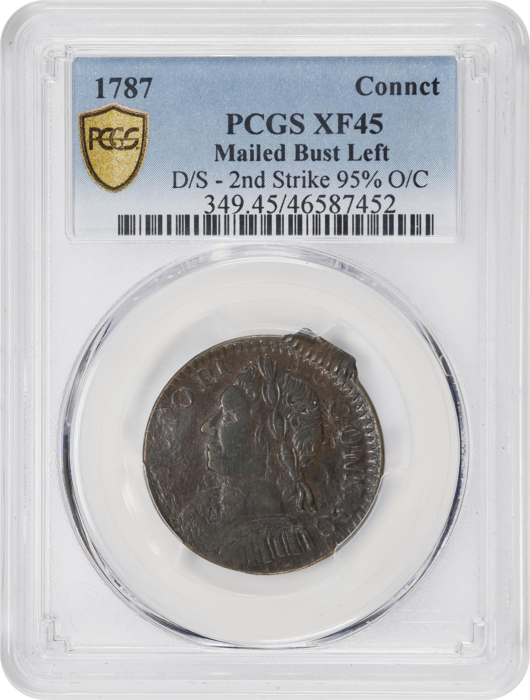 image for: 1787 Connecticut Copper. Miller 2-B, W-2755. Rarity-3. Mailed Bust Left. Double Struck, Second Strike 95% Off Center. EF-45 (PCGS).