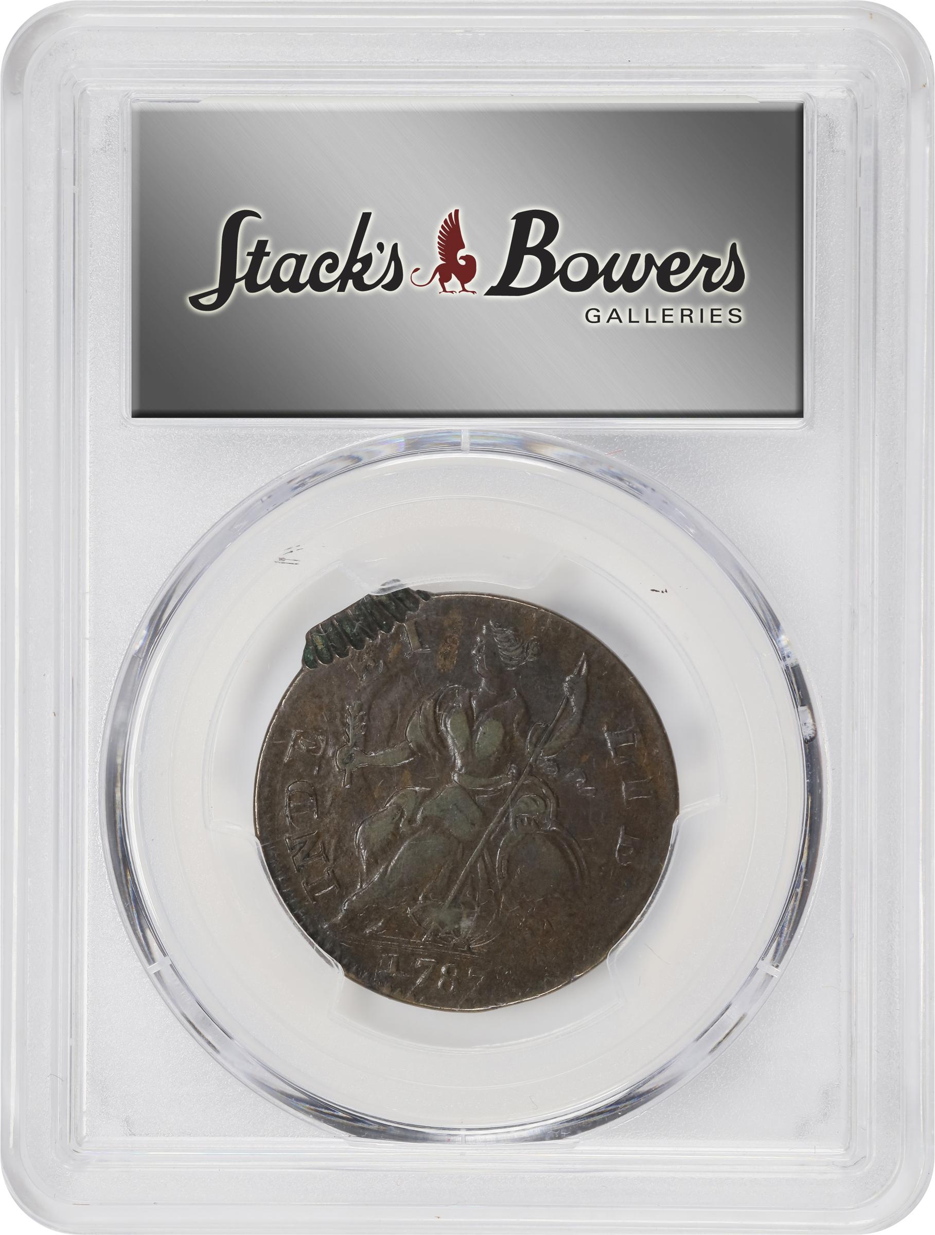 image for: 1787 Connecticut Copper. Miller 2-B, W-2755. Rarity-3. Mailed Bust Left. Double Struck, Second Strike 95% Off Center. EF-45 (PCGS).