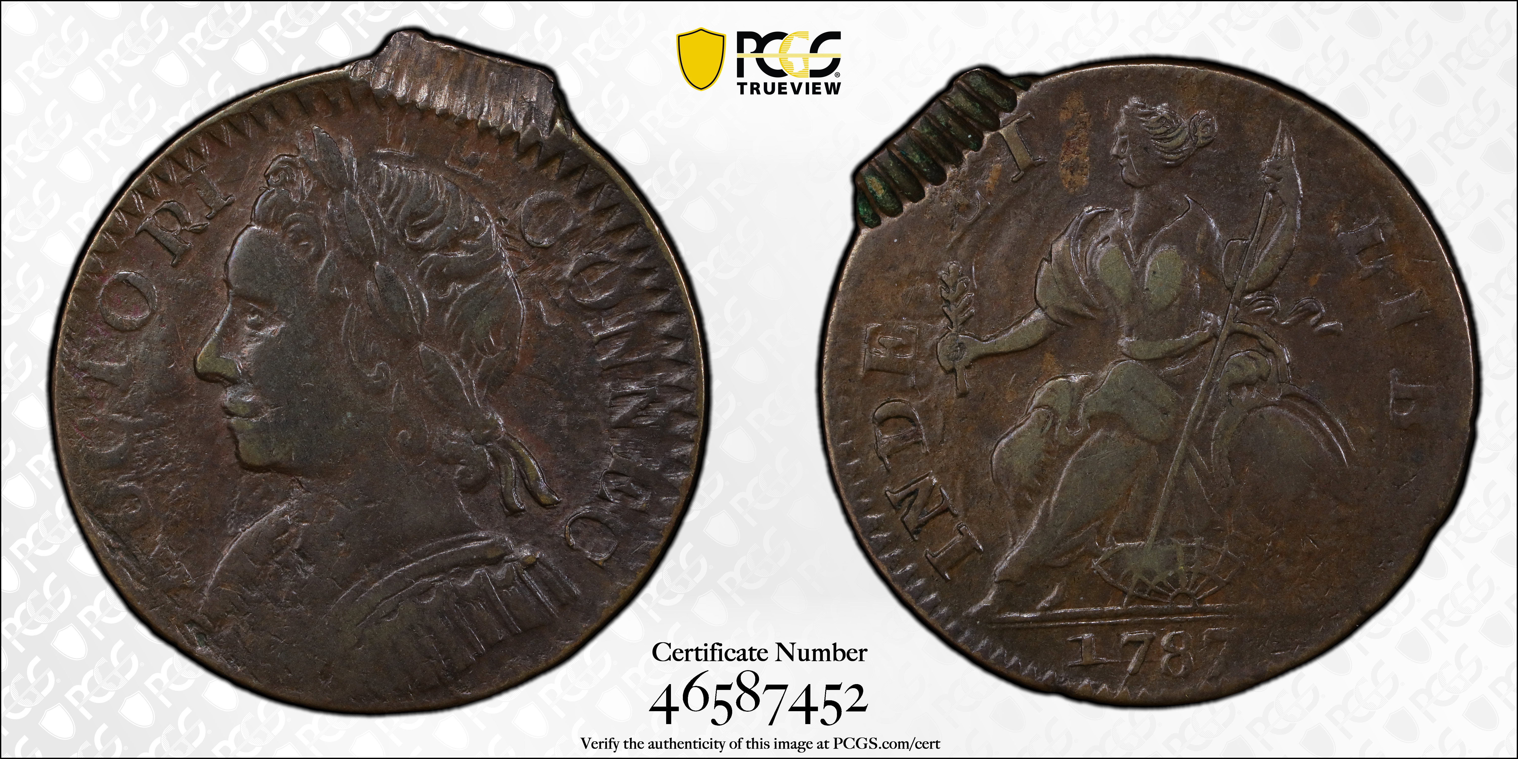 image for: 1787 Connecticut Copper. Miller 2-B, W-2755. Rarity-3. Mailed Bust Left. Double Struck, Second Strike 95% Off Center. EF-45 (PCGS).