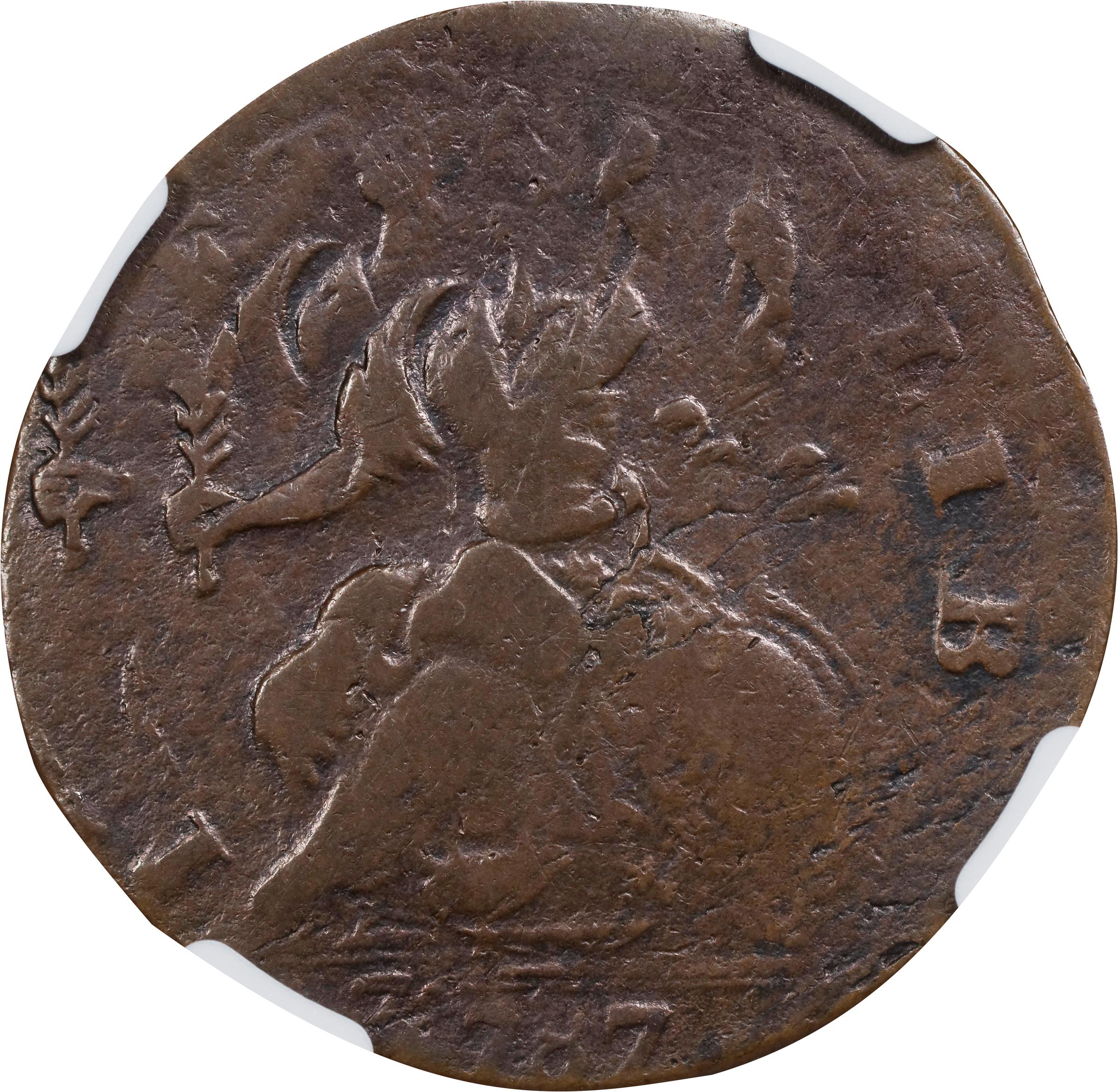 image for: 1787 Connecticut Copper. Miller 2-B, W-2755. Rarity-3. Mailed Bust Left. Double Struck. VF-30 BN (NGC).