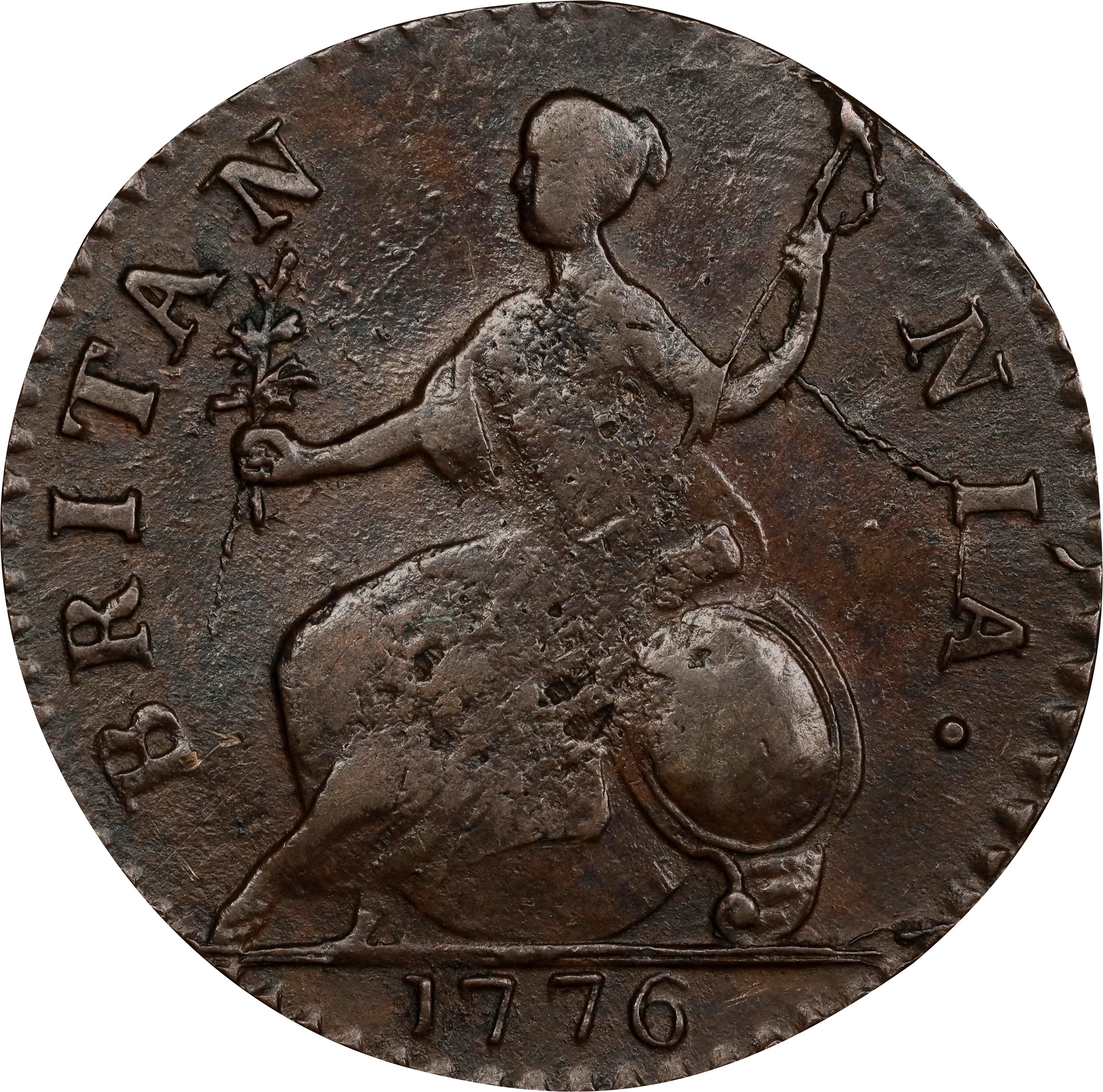 image for: 1776 Machin's Mills Halfpenny. Vlack 6-76A, W-7790. Rarity-4. GEORGIVS III, Group I, Large Date. AU-55 (PCGS).