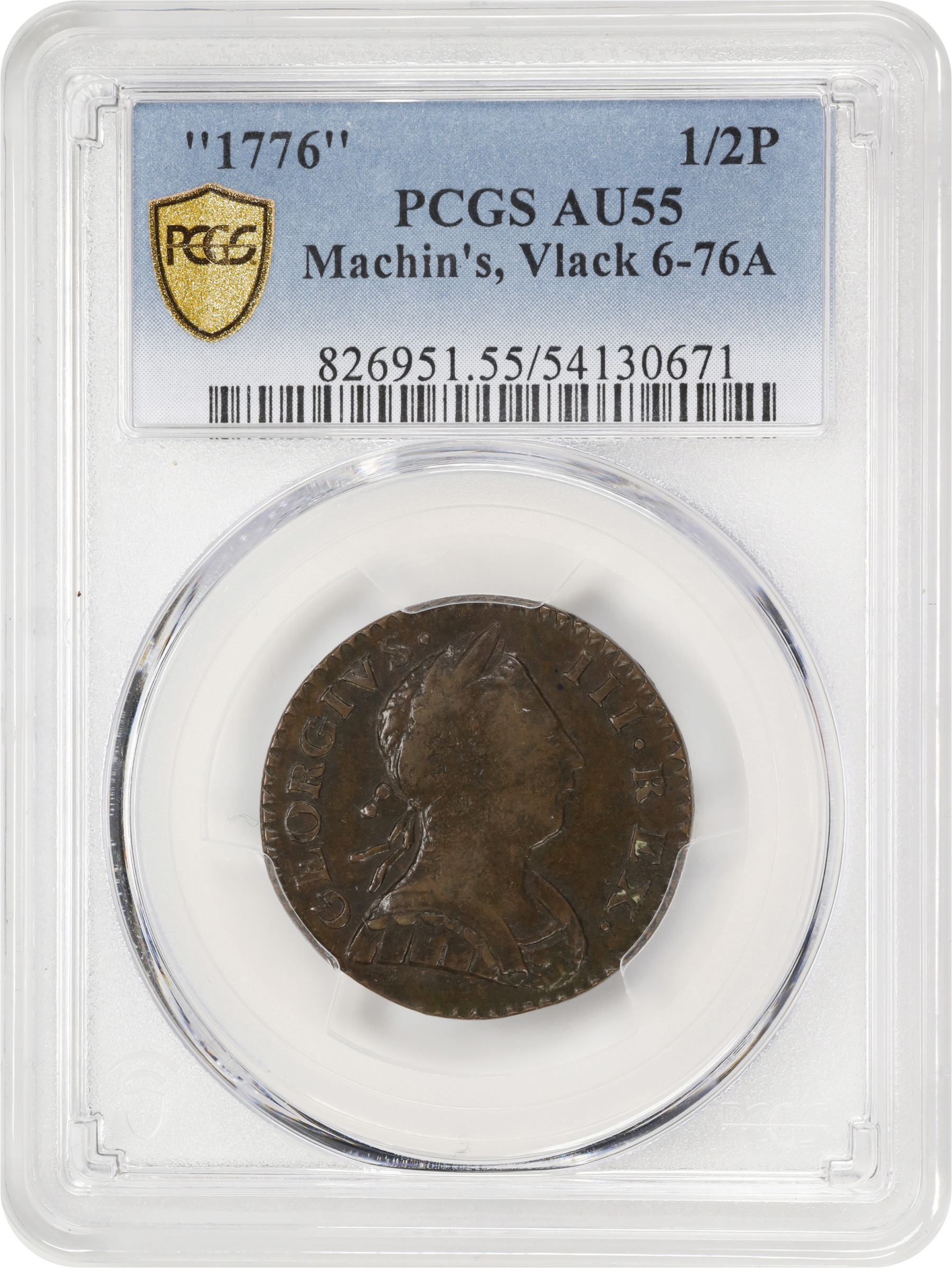 image for: 1776 Machin's Mills Halfpenny. Vlack 6-76A, W-7790. Rarity-4. GEORGIVS III, Group I, Large Date. AU-55 (PCGS).