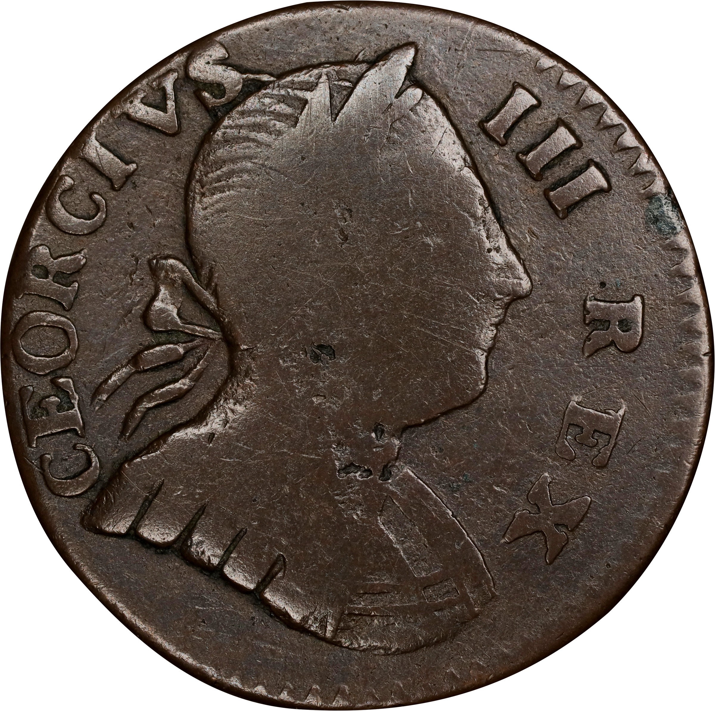 image for: 1776 Machin's Mills Halfpenny. Vlack 9-76B, W-7800. Rarity-6+. CEORCIVS, Small Date. VF-25 (PCGS).