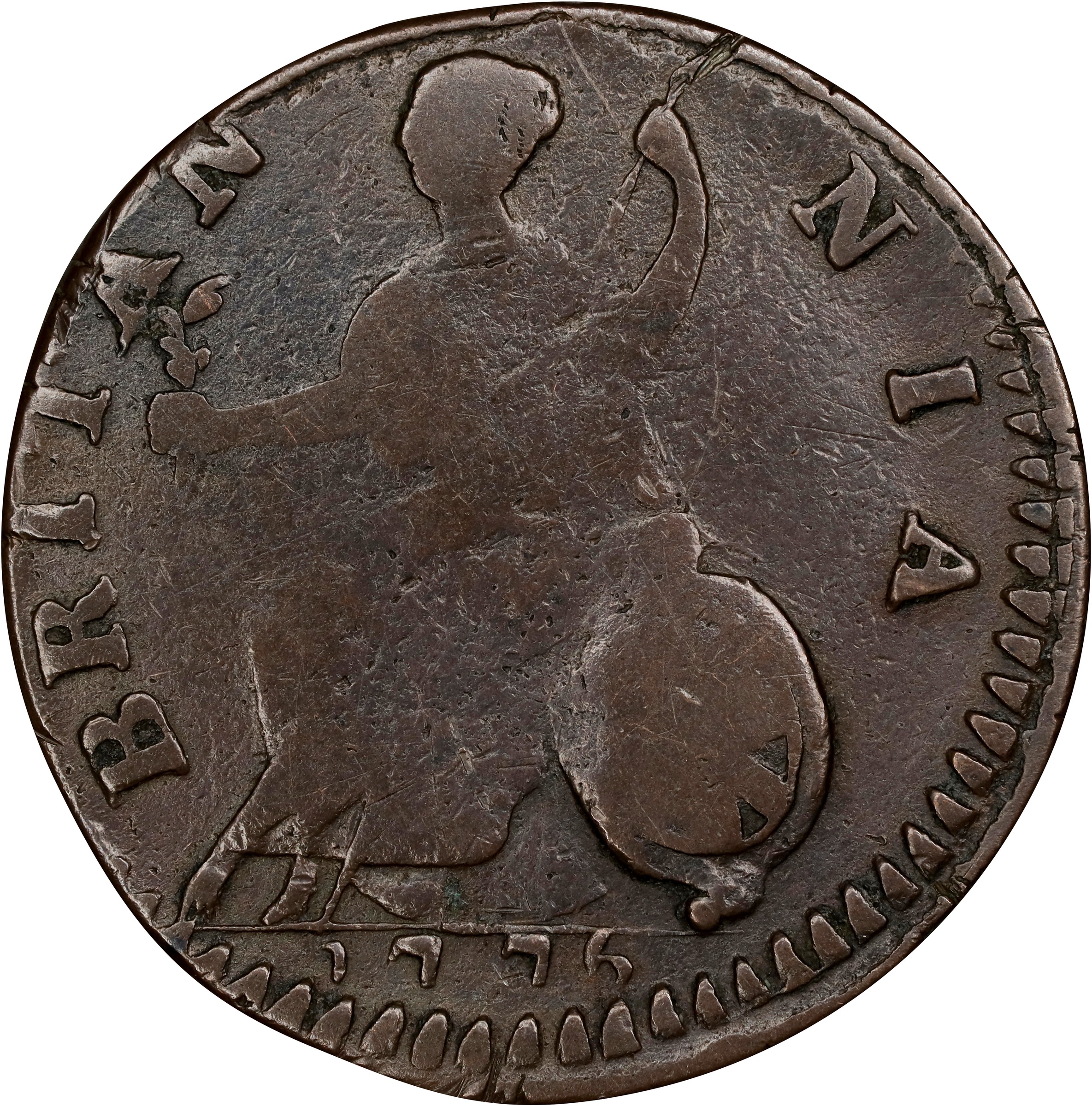 image for: 1776 Machin's Mills Halfpenny. Vlack 9-76B, W-7800. Rarity-6+. CEORCIVS, Small Date. VF-25 (PCGS).
