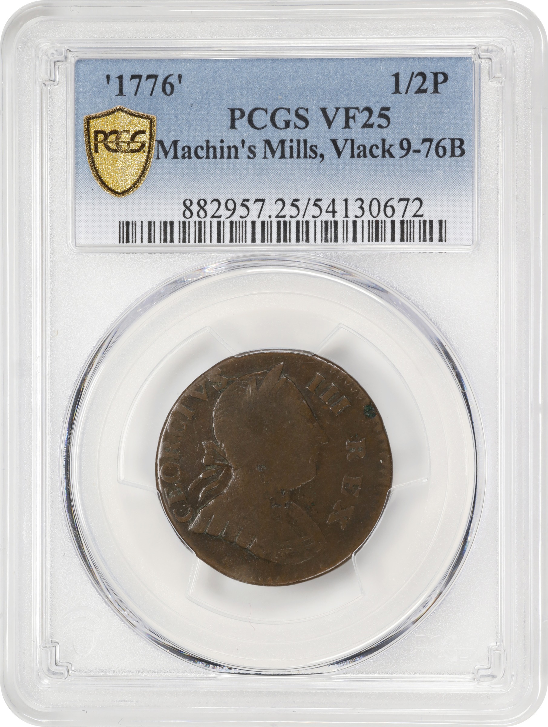 image for: 1776 Machin's Mills Halfpenny. Vlack 9-76B, W-7800. Rarity-6+. CEORCIVS, Small Date. VF-25 (PCGS).