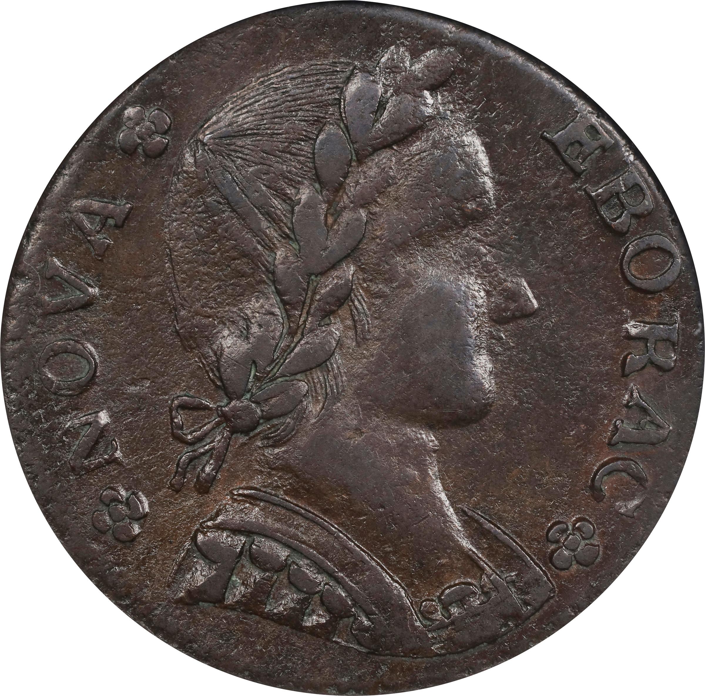 image for: 1787 Nova Eborac Copper. W-5755. Rarity-3. Medium Bust, Seated Figure Left. AU-58 (NGC).